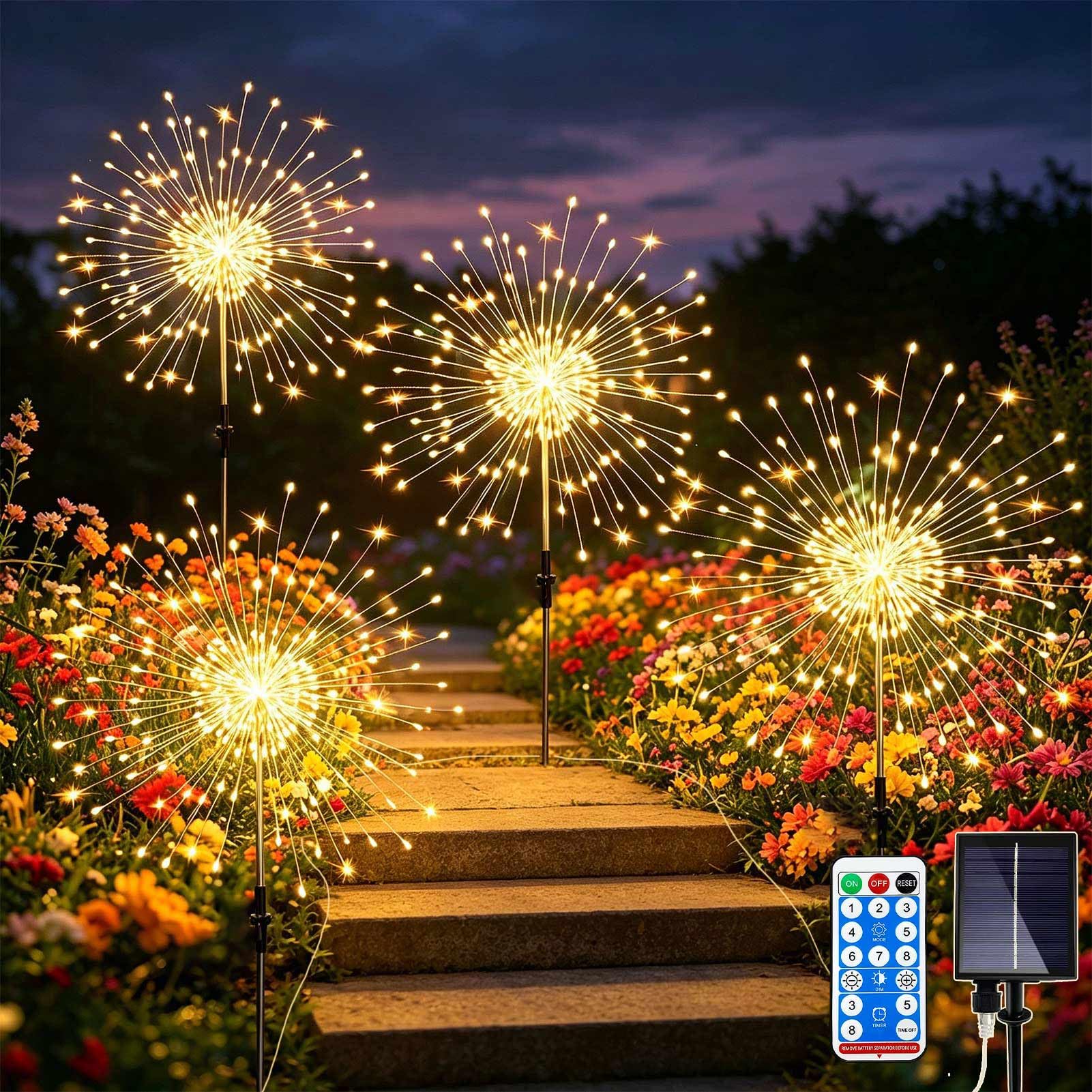 Joycome Warm White Garden Solar Lights, 4X120 Led Firework Solar Lights Outdoor Garden, 8 Modes Starburst Light Waterproof Dandelion Light Diy For Yard Lawn Balcony Flowerbed Patio Pathway Party Decor