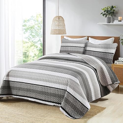 Vista 80 de DJY Juego de edredón a rayas tamaño Queen, juego de colcha bohemia de 3 piezas de color verde salvia, juego de ropa de cama de microfibra suave