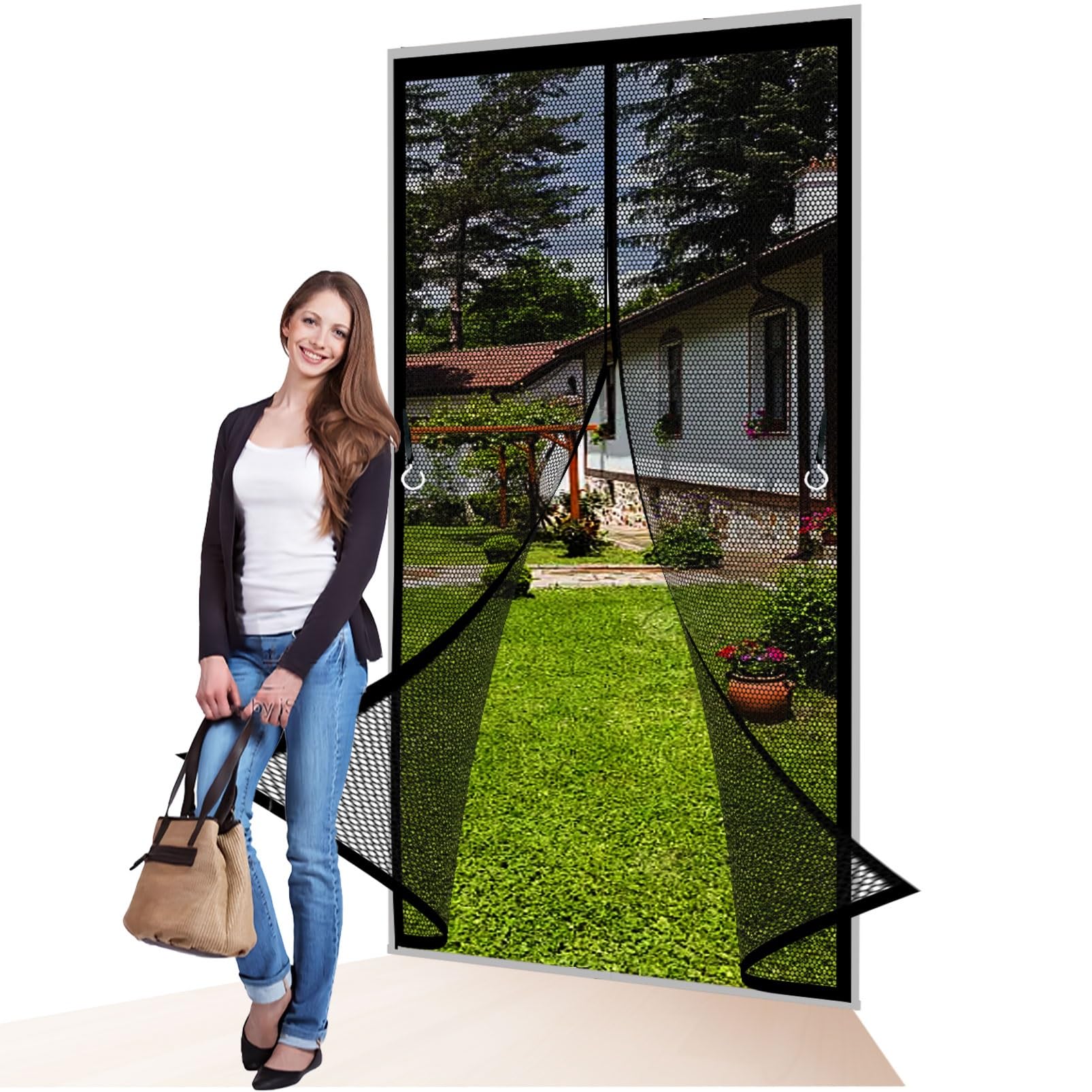 Liujyuan Black Magnetic Screen Door 157 X 151 Cm With Magnets, Magic Tapes, Polyester Door Screen, Nets Patio Curtain Heavy Duty, Lets Fresh Air For Living Garage Doors,