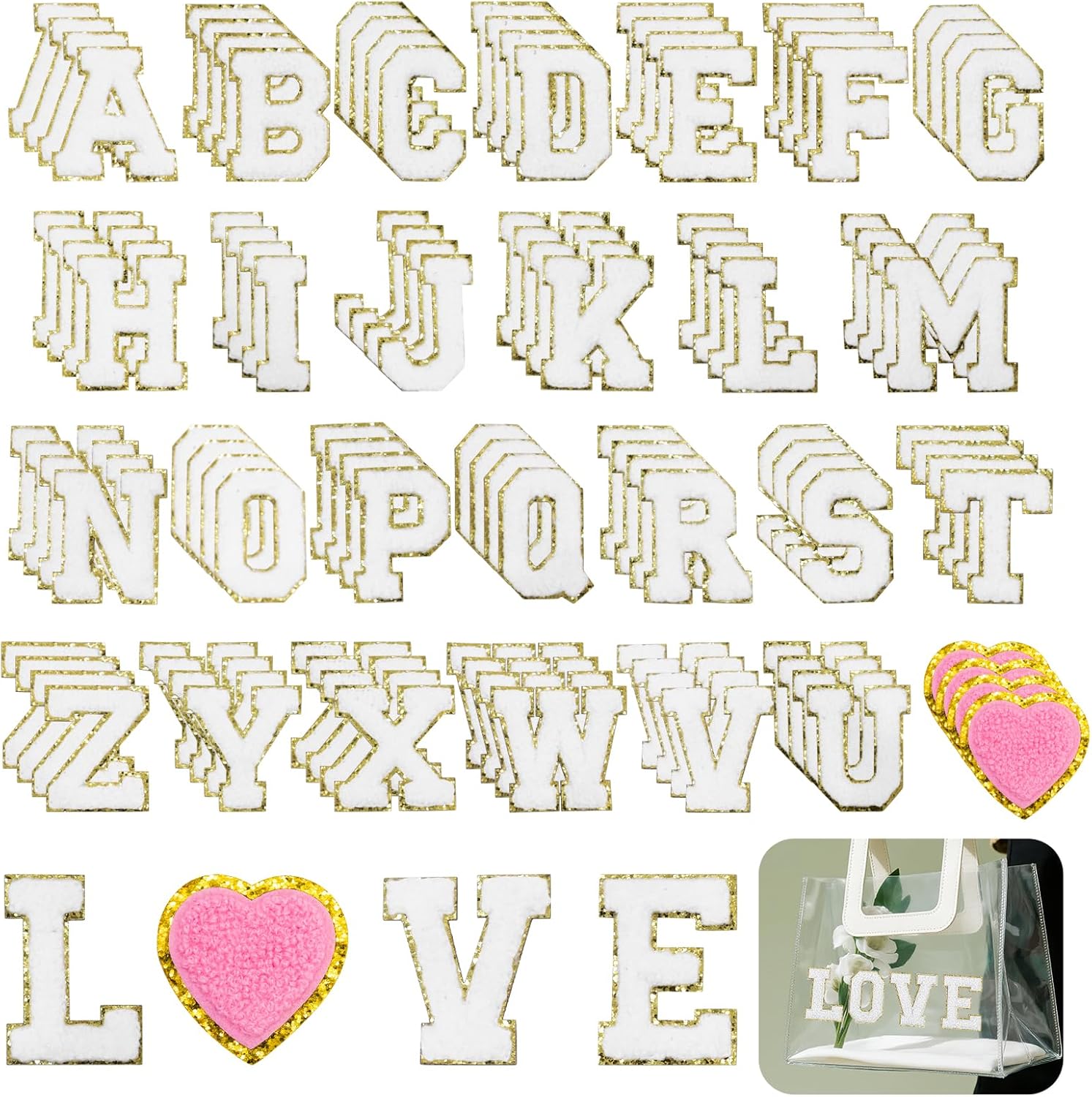 104 Pcs White Chenille Letter Patches & Extra 4 Heart Patches Self Adhesive Stickers Sew On Embroidered Applique Cute Varsity Glitter Stick On Alphabet for Clothing Hats Jeans Fabric