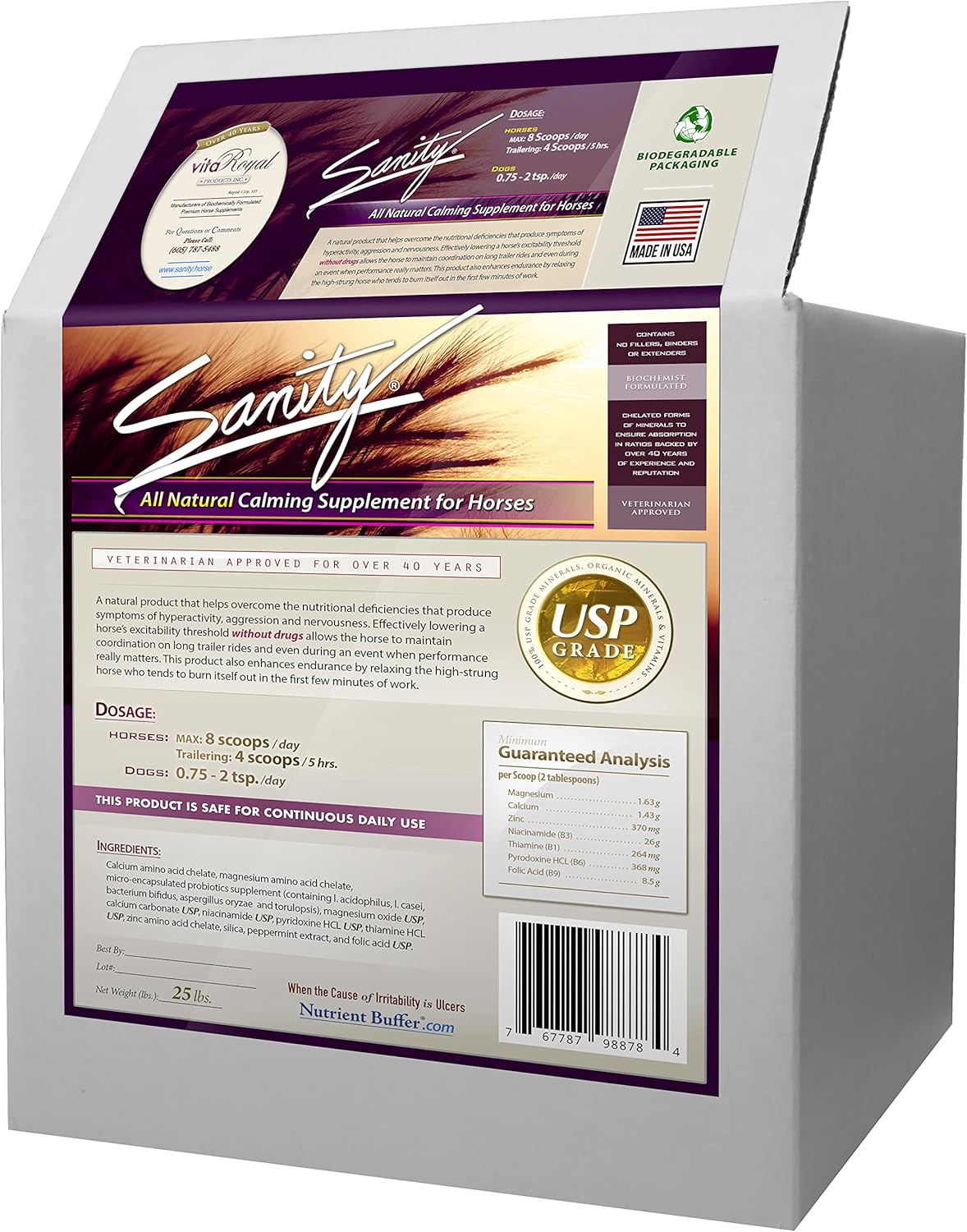 Sanity - Equine Behavioral Calming Focus Supplement for Horses - Magnesium, Calcium, Zinc, B Vitamins, Amino Acids, Probiotics, Thiamine, Folic Acid, Niacin, Peppermint & More