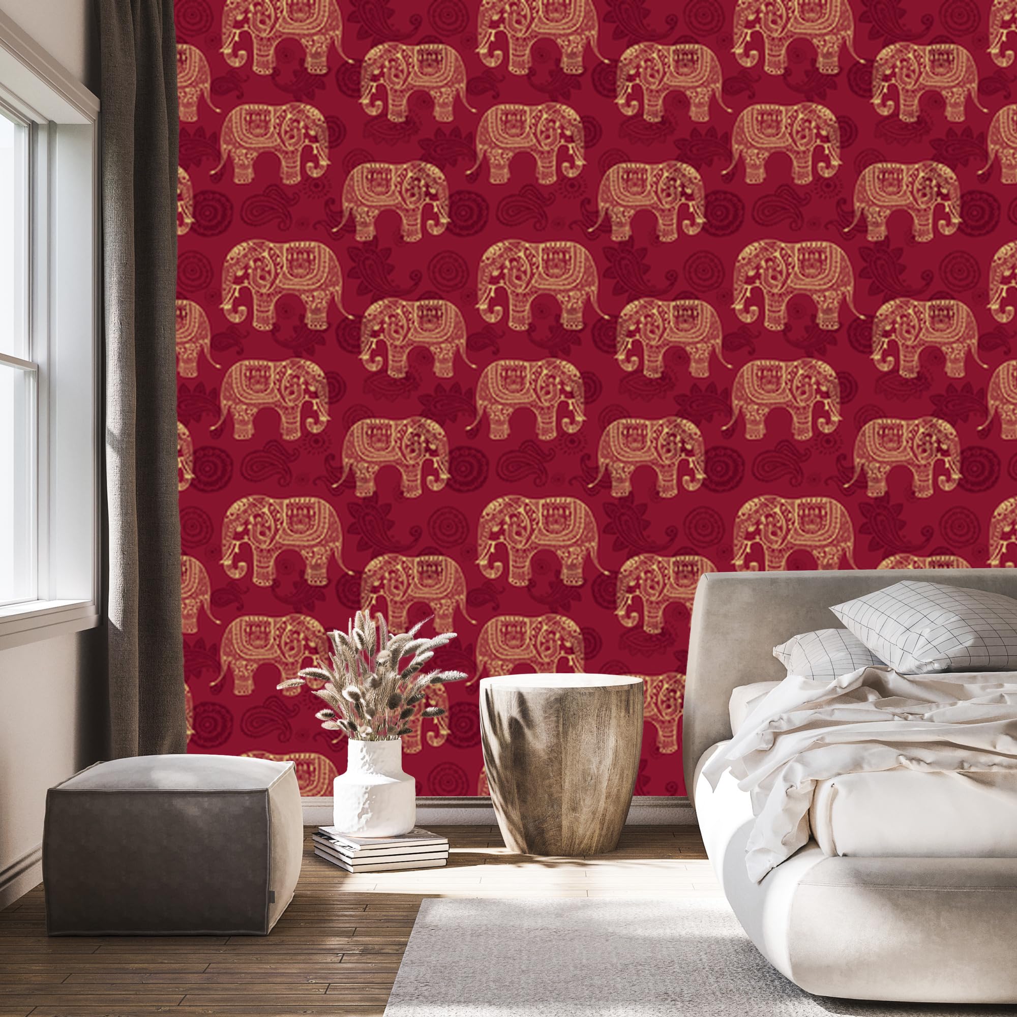 Vliestapete Elefanten im orientalischen Stil 50 x 1000 cm | Ausdrucksstarke Faunadarstellung; Lebendige Naturkulisse; Charaktervoller Zimmerschmuck; Kleister im Set