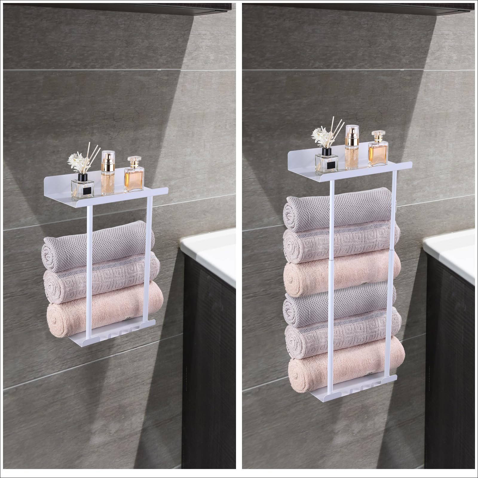 Toalleros De Baño Sin Taladro Adhesivo Toallero De Pared Toalleros Retráctil 41-75CM Toallero Barra con Ganchos (Blanco)