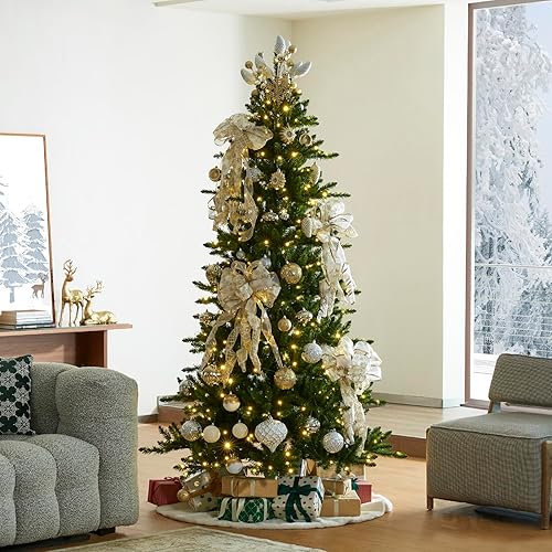 Vista 180 de Glitzhome Prelit Christmas Tree, 6ft Flocked Artificial Christmas Tree Serene Snowscape Fir with 300 Warm White Lights for Home, Office, Party