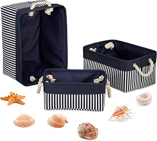 Relaxdays Juego de Tres Almacenaje Set 3, Cestas Estante 3 Tamaños, a Rayas, Estampado Marítimo, Cajas Tela, Color Azul, Poliéster, 3 Uds