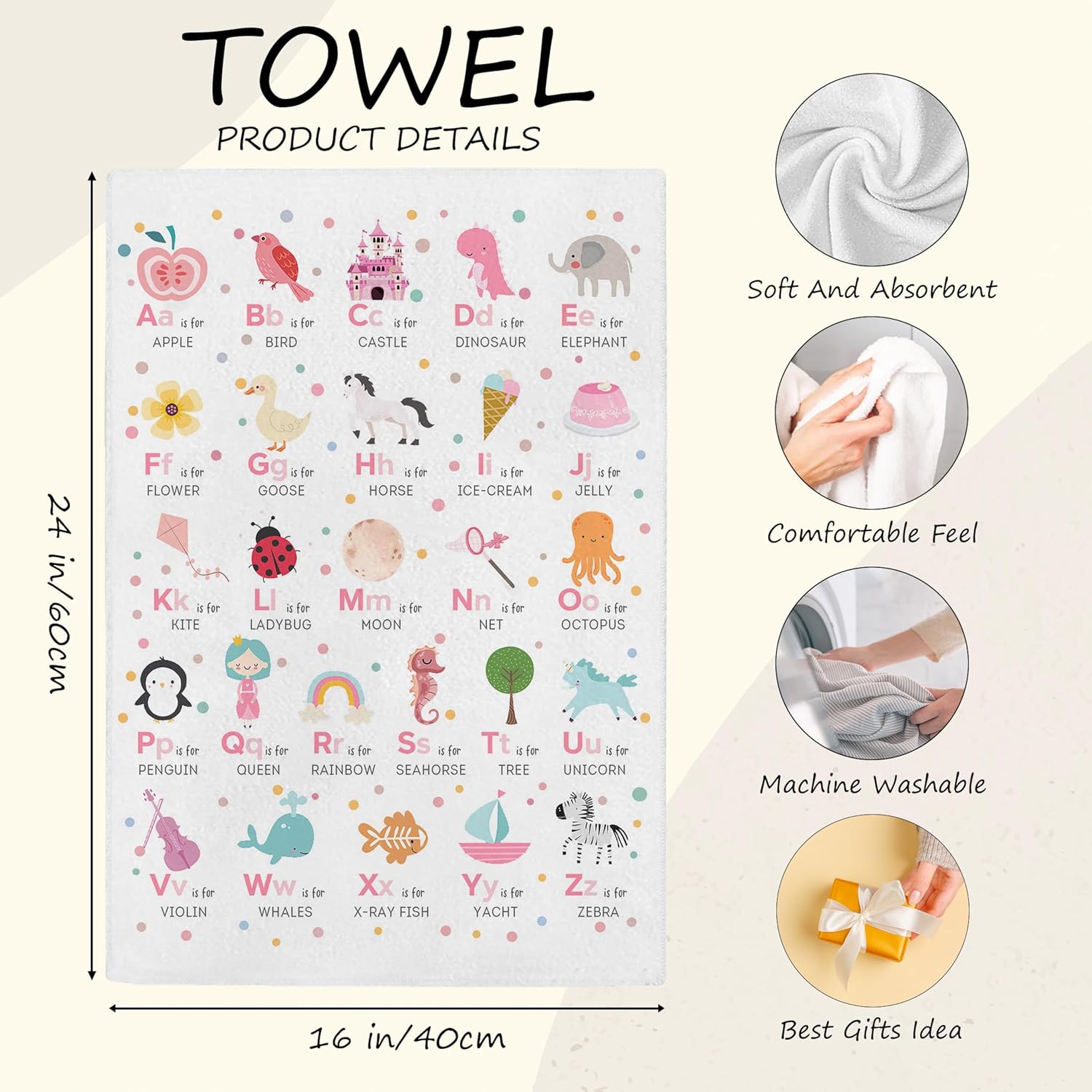 Pink Alphabet Hand Towels - Kids Boys Dish Towels, A-Z Alphabet Animals Hand Towels Dishcloth for Nursery Bathroom Kitchen Decorative, 16x24 Inch - Image 6