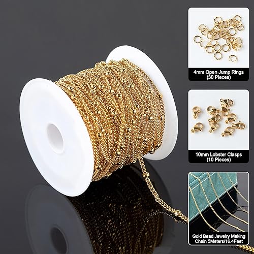 Miniatura 3 de Cadena dorada de 16.4 pies de acero inoxidable con cuentas trenzadas, cadenas a granel con anillos de salto, cierres de langosta para hacer joyas,