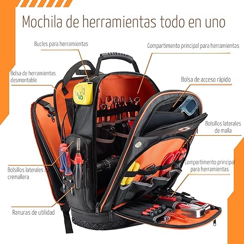 Miniatura 3 de Golkcurx Mochila de herramientas, bolsa de herramientas de mochila resistente, portador de implementos 1680D para electricista, base duradera y