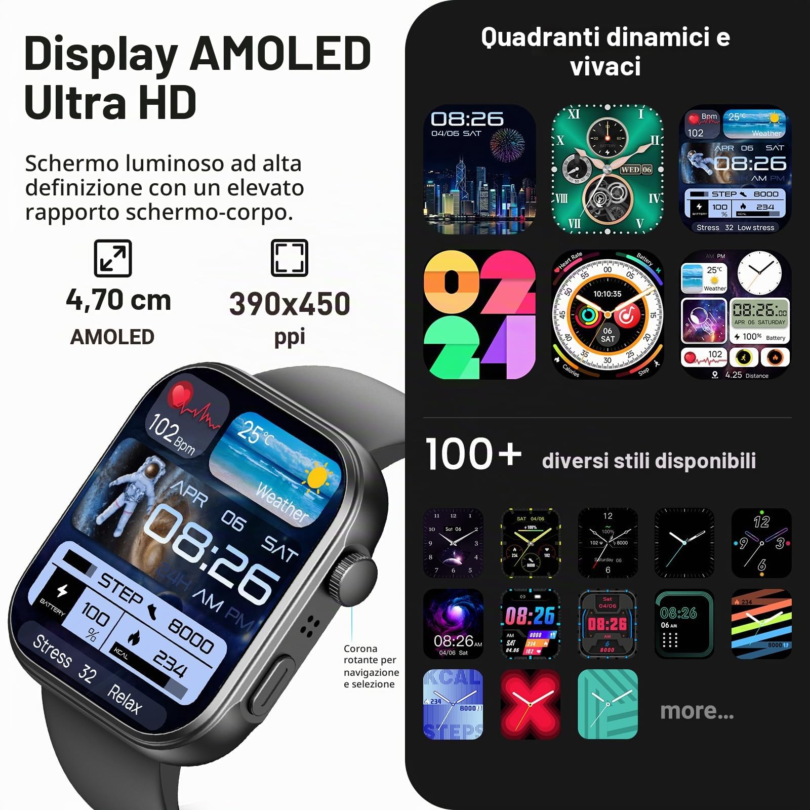 TOZO S6 Smartwatch Uomo Donna 1.85" AMOLED Schermo Risoluzione 390x450PPI