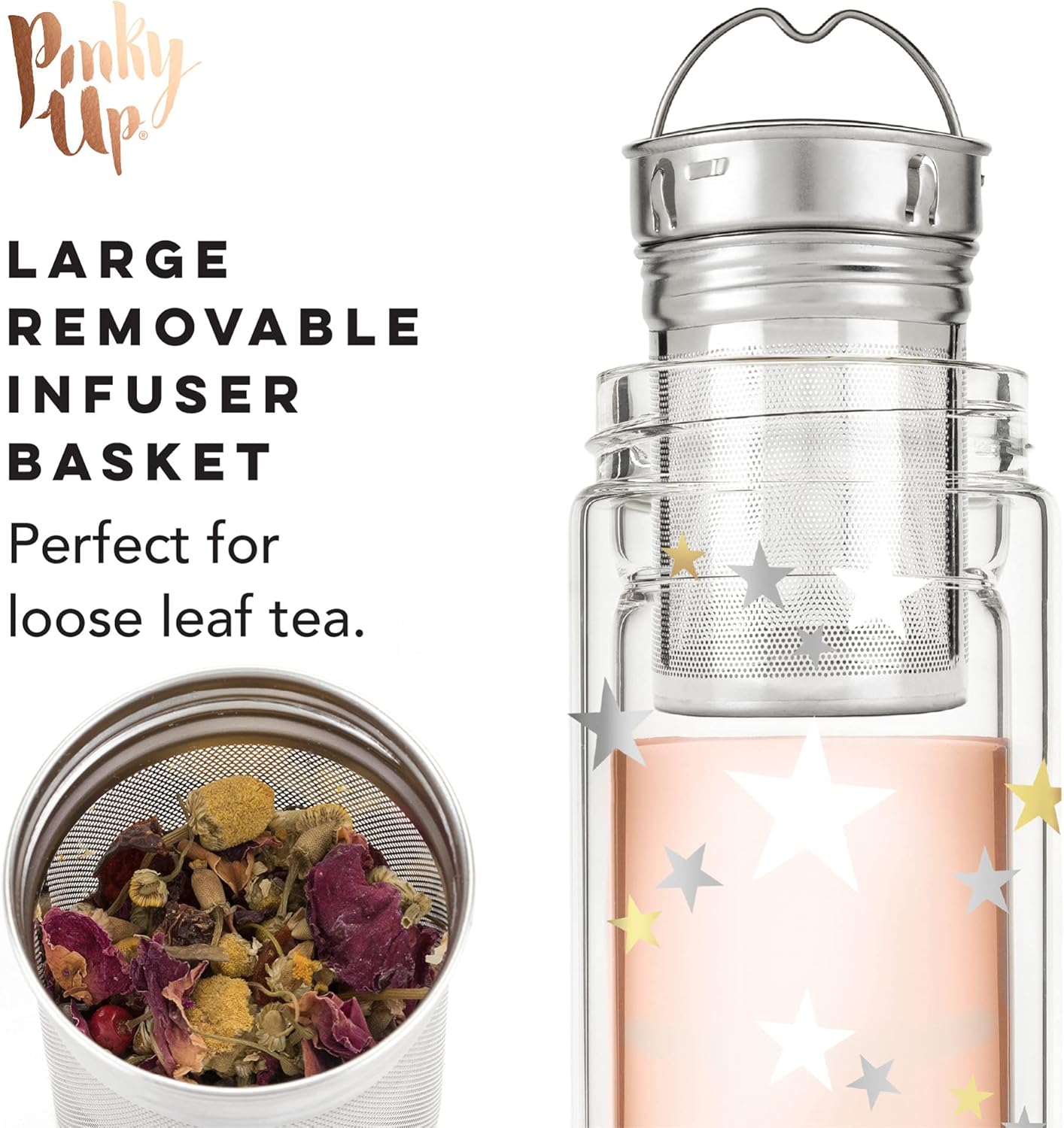 Pinky Up Blair Tea Infuser Mug with Strainer and Lid, Double Walled Glass Tumbler for Home Office, Travel, Picnic, Camping, 16 oz, Set of 1, Stars - Image 3