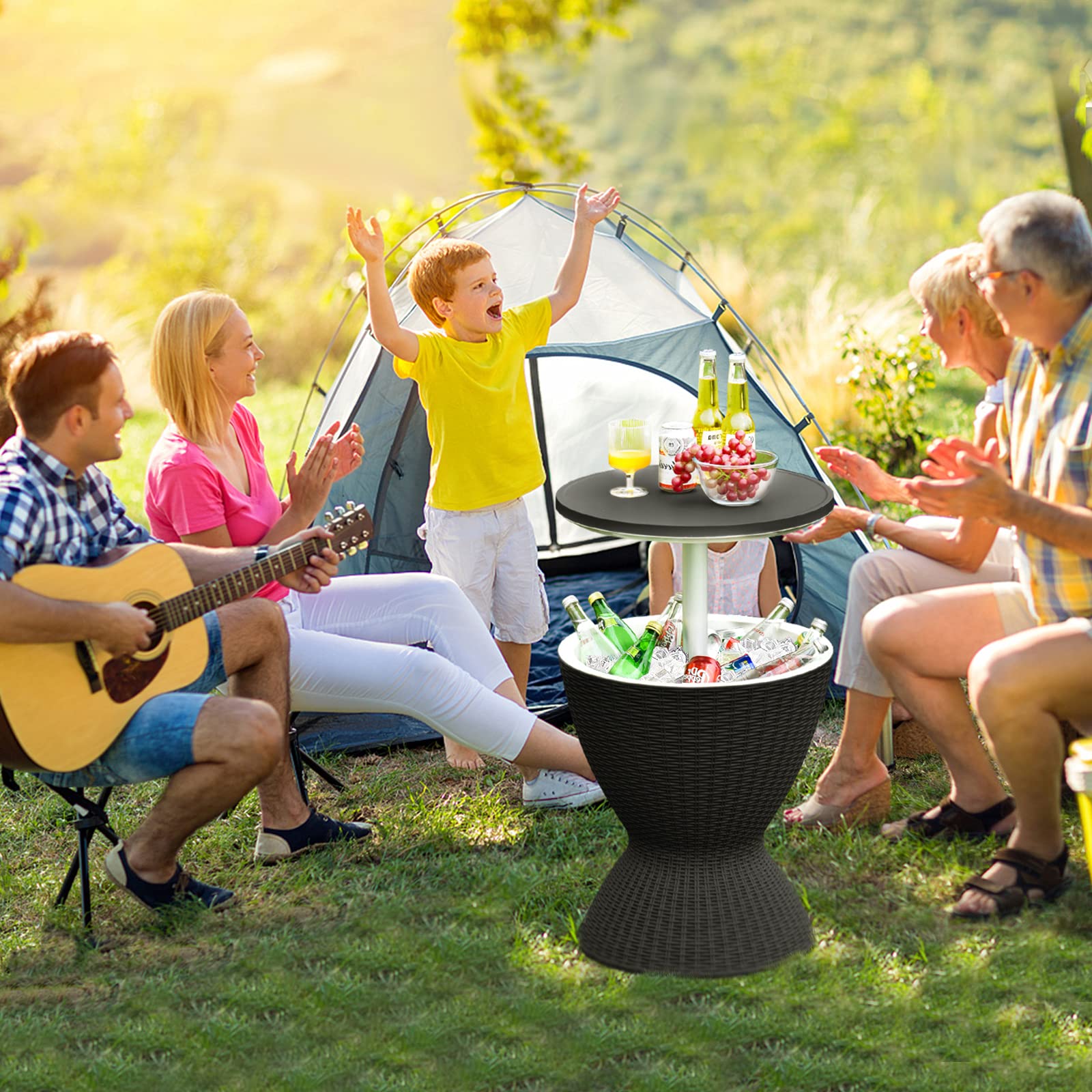 GYMAX Table Glacière 2-en-1, Seau à Glace 30L avec Table Élévatrice, Table Basse Extérieur Jardin Piscine Terrasse Noir