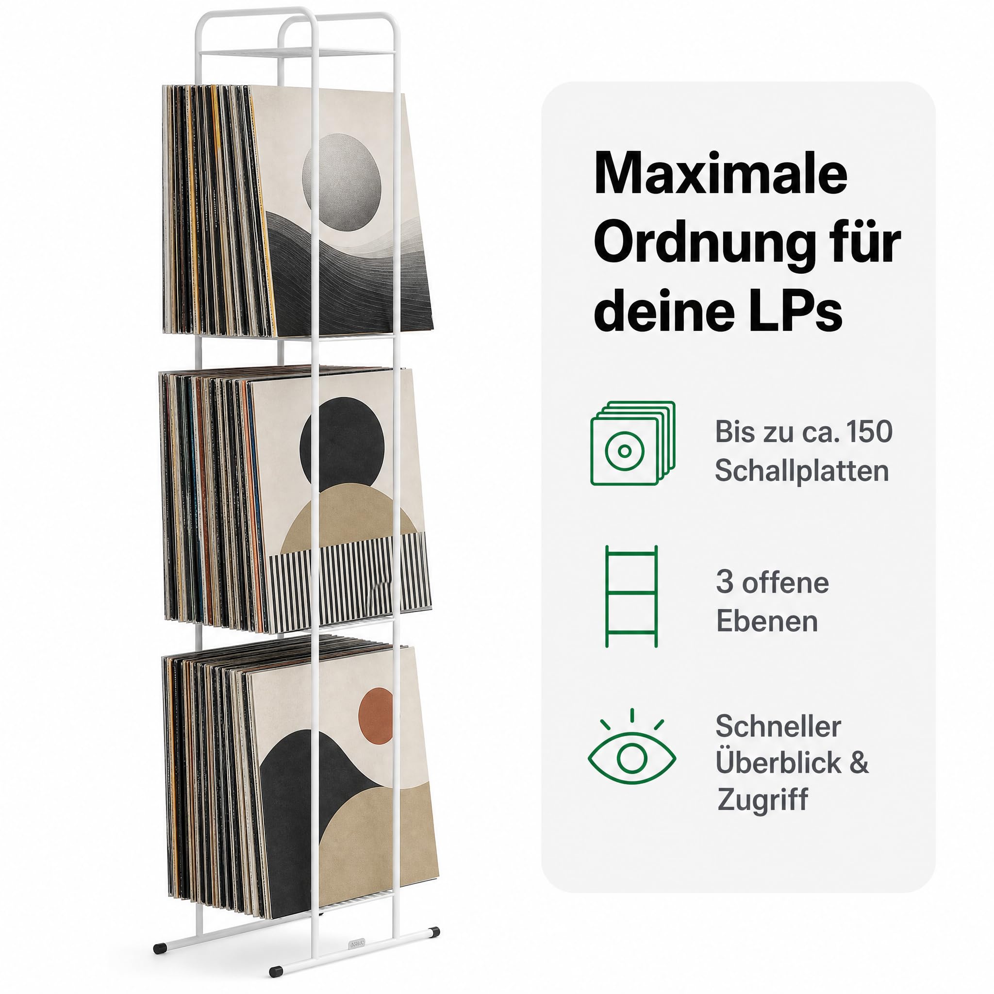 Zomo VS-Rack Vinya 150 Schallplattenständer – 300 x 190 x 1155 mm - Weiß - 3 Ebenen Vinylregal aus Stahl – Design LP Standregal für bis zu 150 Schallplatten