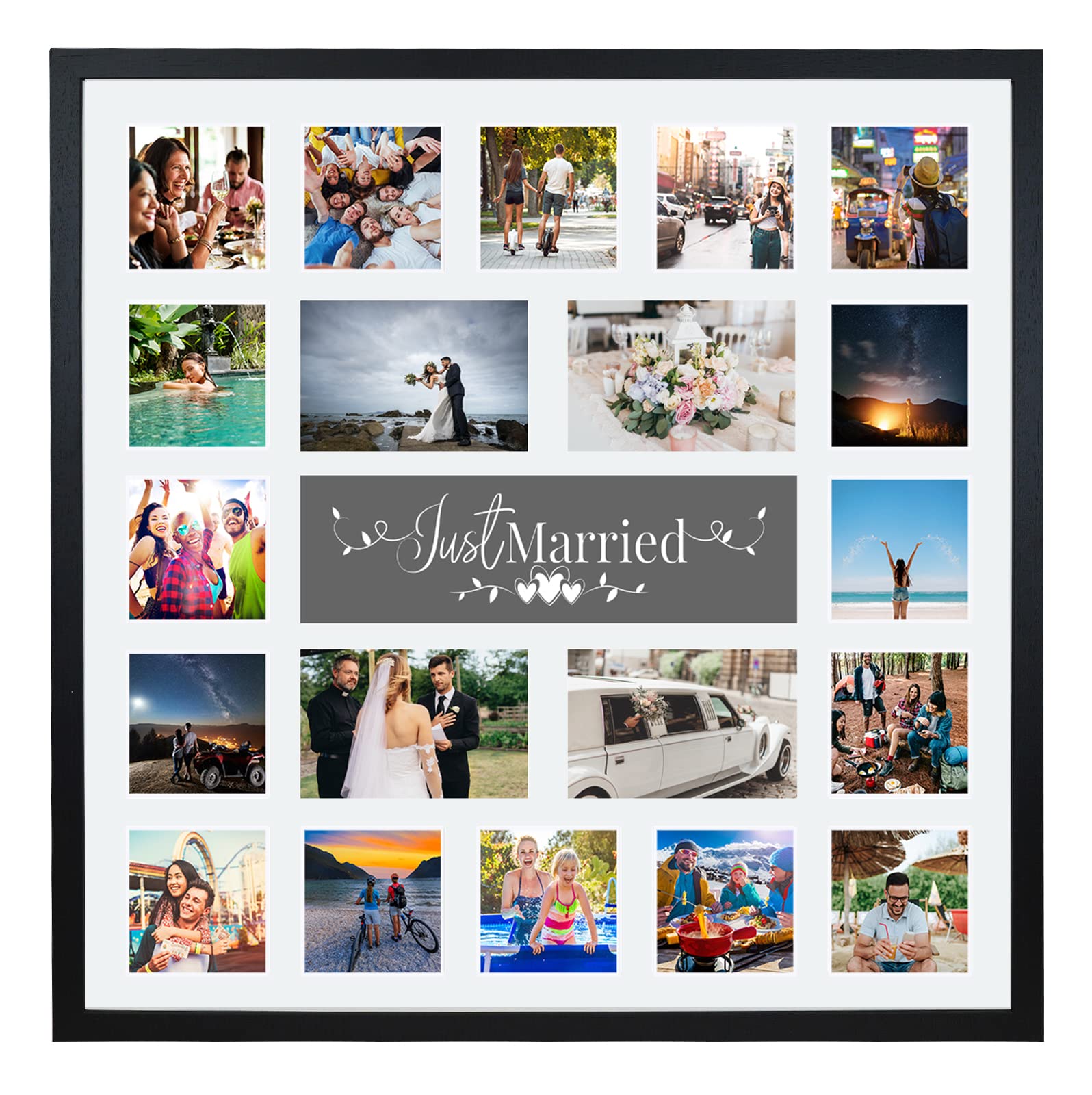 Large Multi Aperture Picture Photo Collage Frame, Colours and Designs (Just Married, Black)
