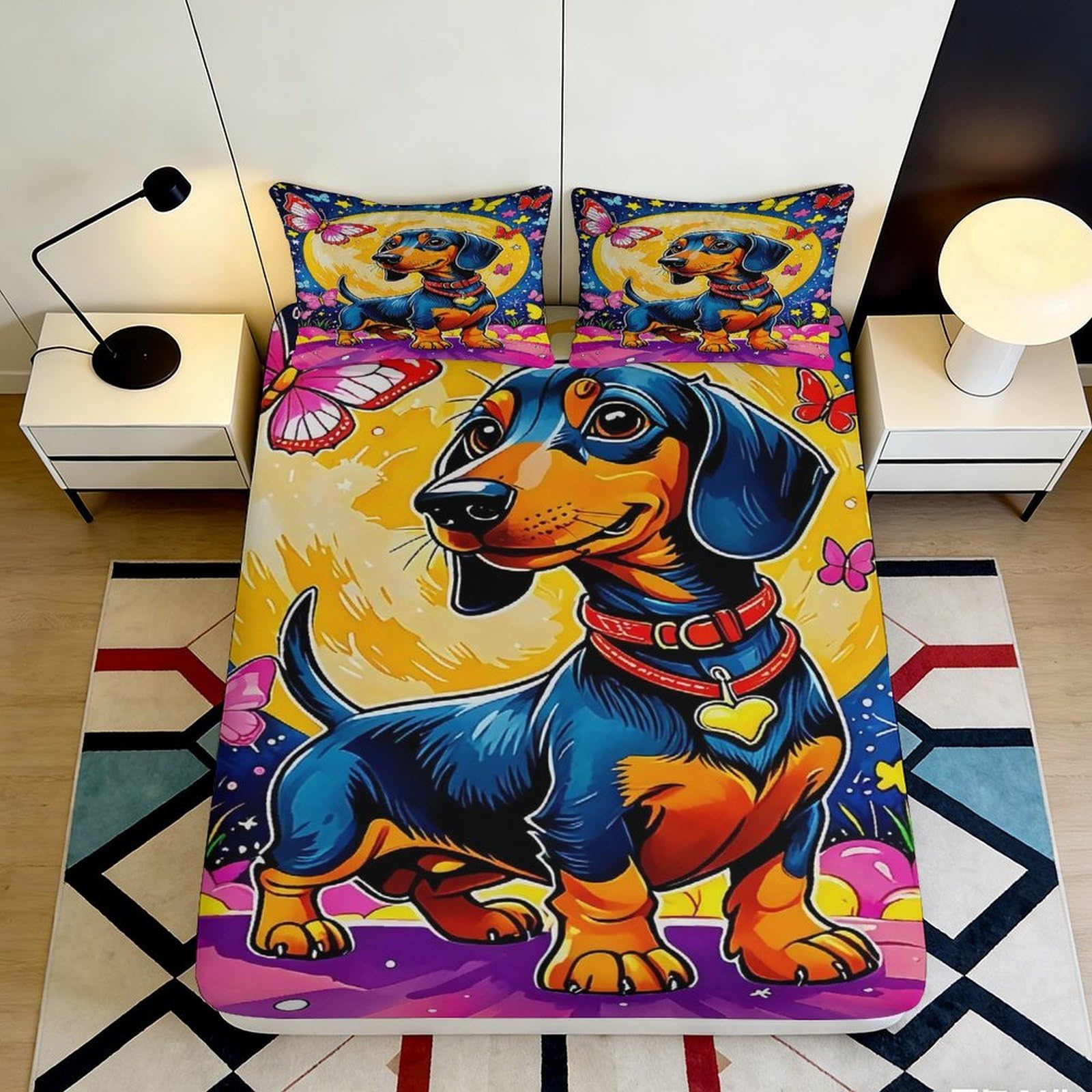 3D Printed Colorful Dachshund Fitted Sheet Microfiber Soft Durable Vibrant Dog Pattern Bed Sheet for Bedroom Dormitory Guest Room Mattress Protection 120x200x25cm