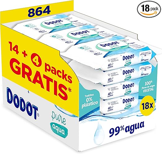 Dodot Toallitas Pure Aqua Para Bebé, 864 Toallitas (18 Packs de 48 Unidades), Ayuda A Restaurar El PH Natural De La P…