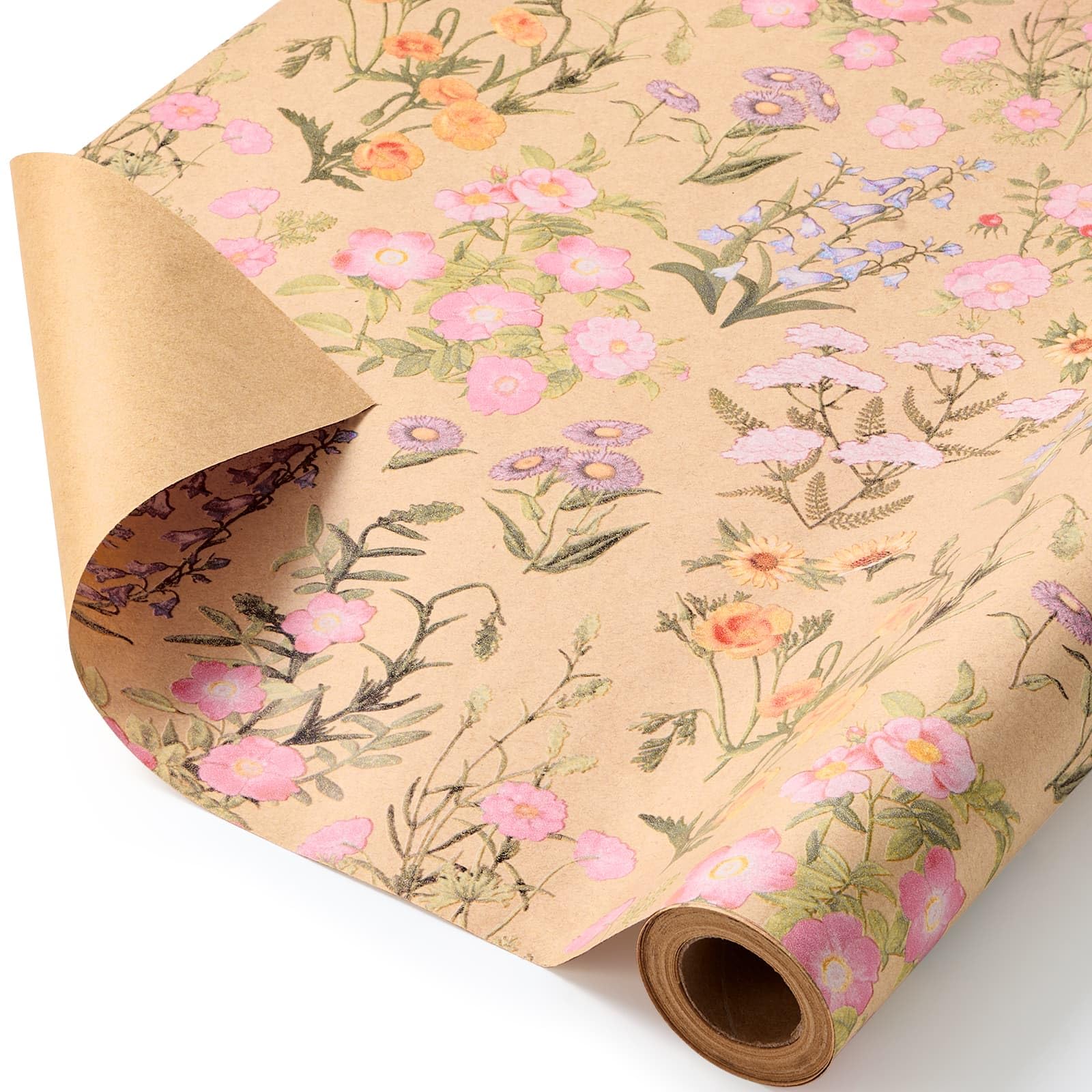 WERNNSAI Kraft Floral Wrapping Paper Roll - 1 Roll 17”x 33 ft Wild Flower Gift Wrap Paper Spring Summer Flower Gift Packing for Girls Women Birthdays Weddings Bridal Shower Party Decor