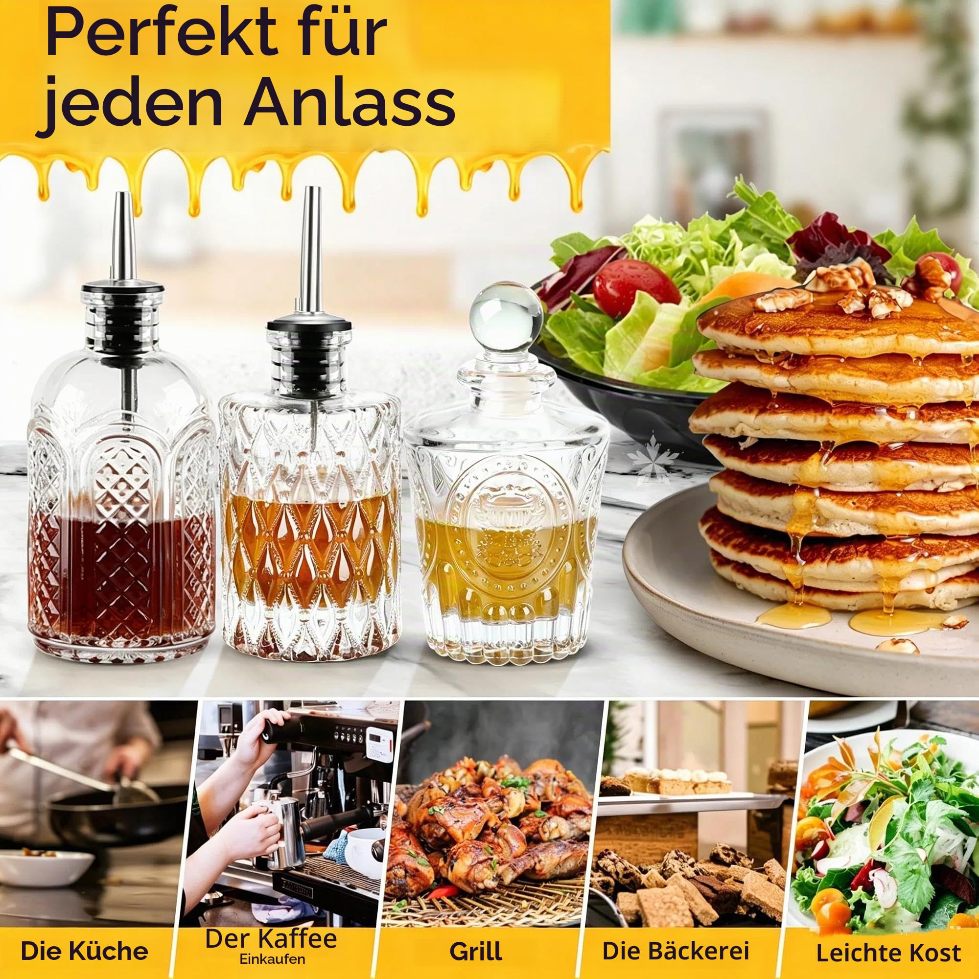 Glas Sirup spender Set Kaffeesirup spender für Küche Coffee Bar, Essig und Ölflaschen Olivenöl Flasche 3 Packung
