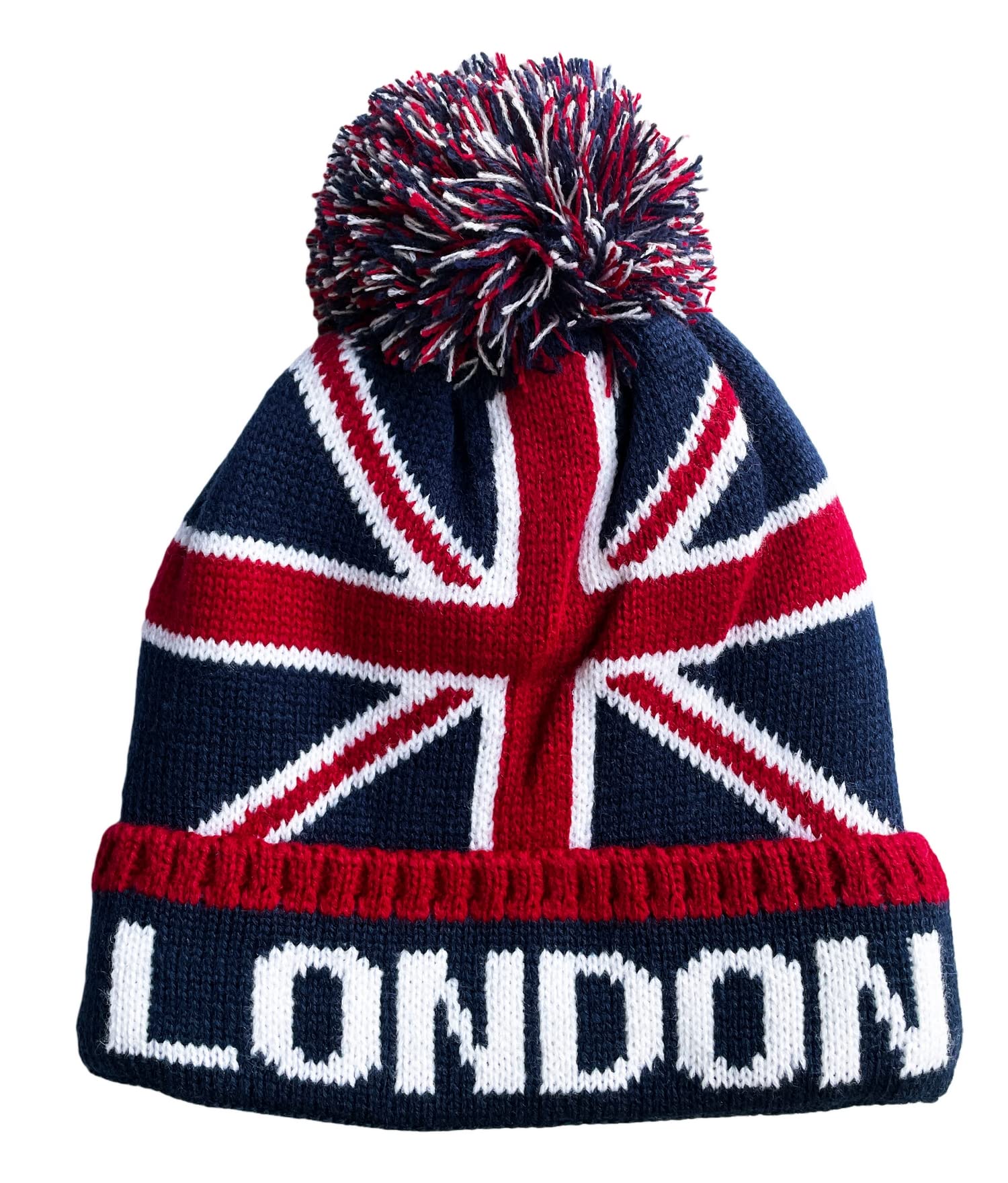Itzu Men's London Mix Bobble Union Jack London Knit Winter Beanie Hat Bobble Pom Pom Turn Up In