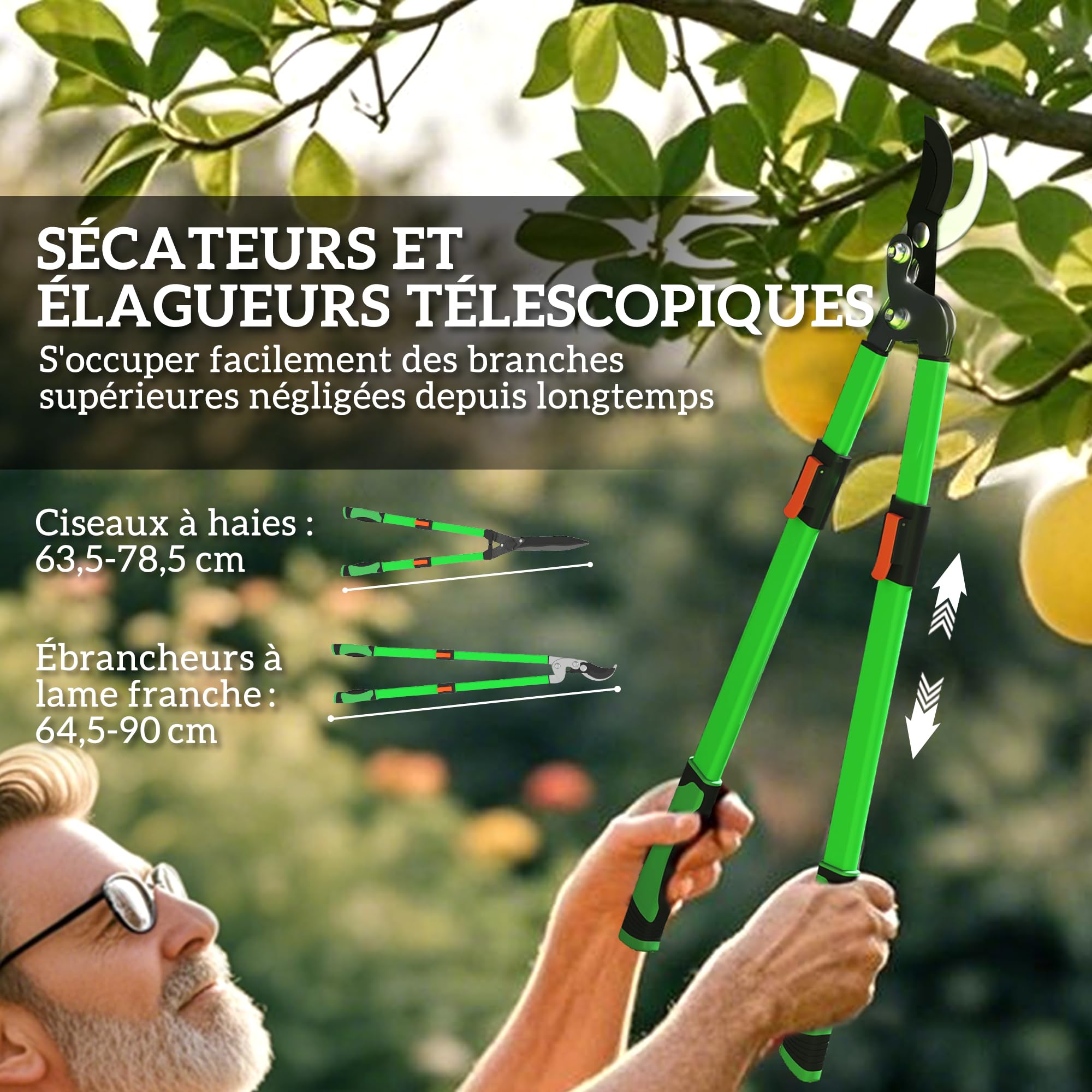 Outsunny Lot de 2 cisailles de jardin, cisaille à haies longueur 63,5-78,5 cm, sécateur à enclume longueur 64,5-90 cm, poignées télescopiques extensibles antidérapant lames polies, vert et noir
