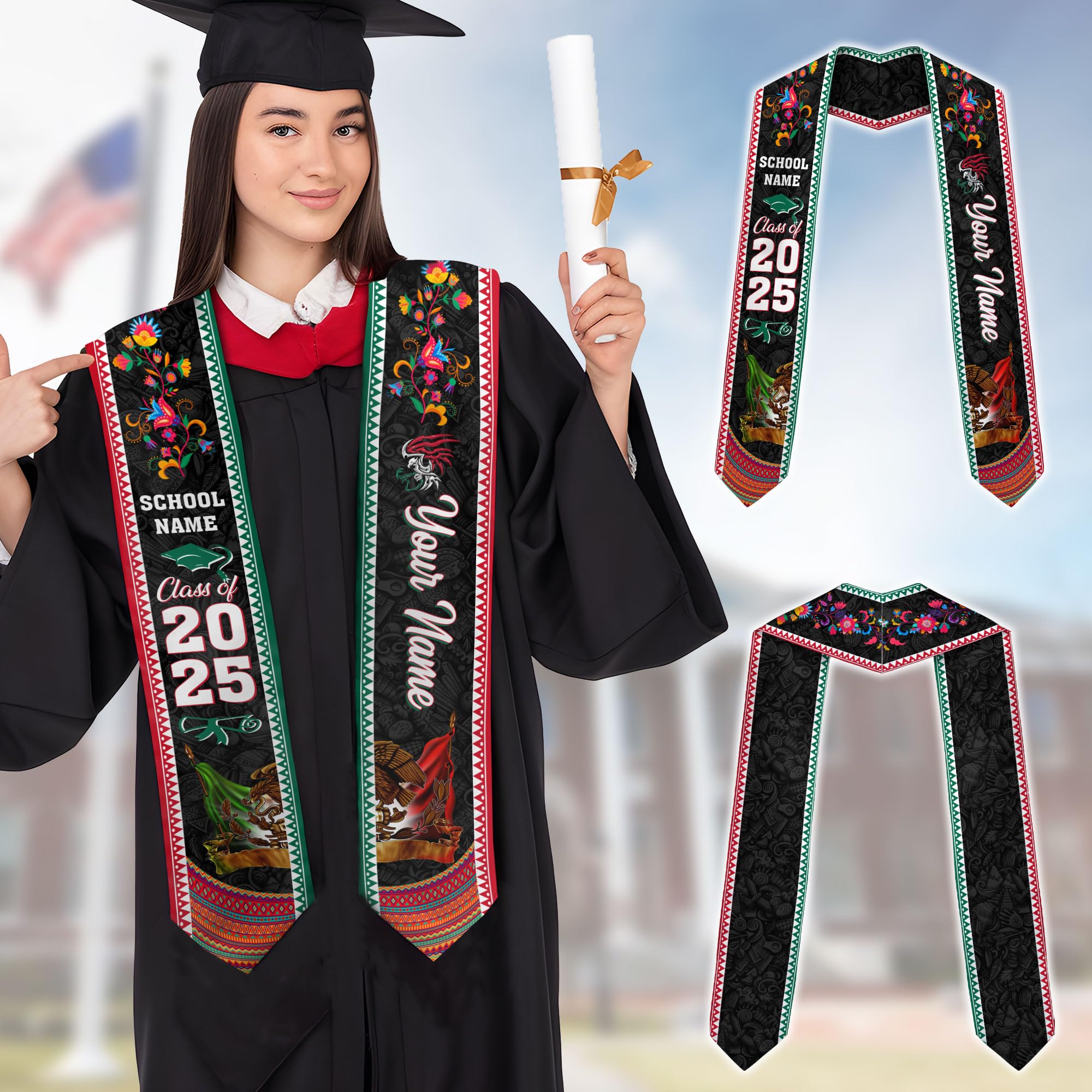 MonkeyVan Personalized Mexican Graduation Sash, Custom Class of 2025 Mexicana Stole, Mexican Flag Estola de Graduación Gift S81