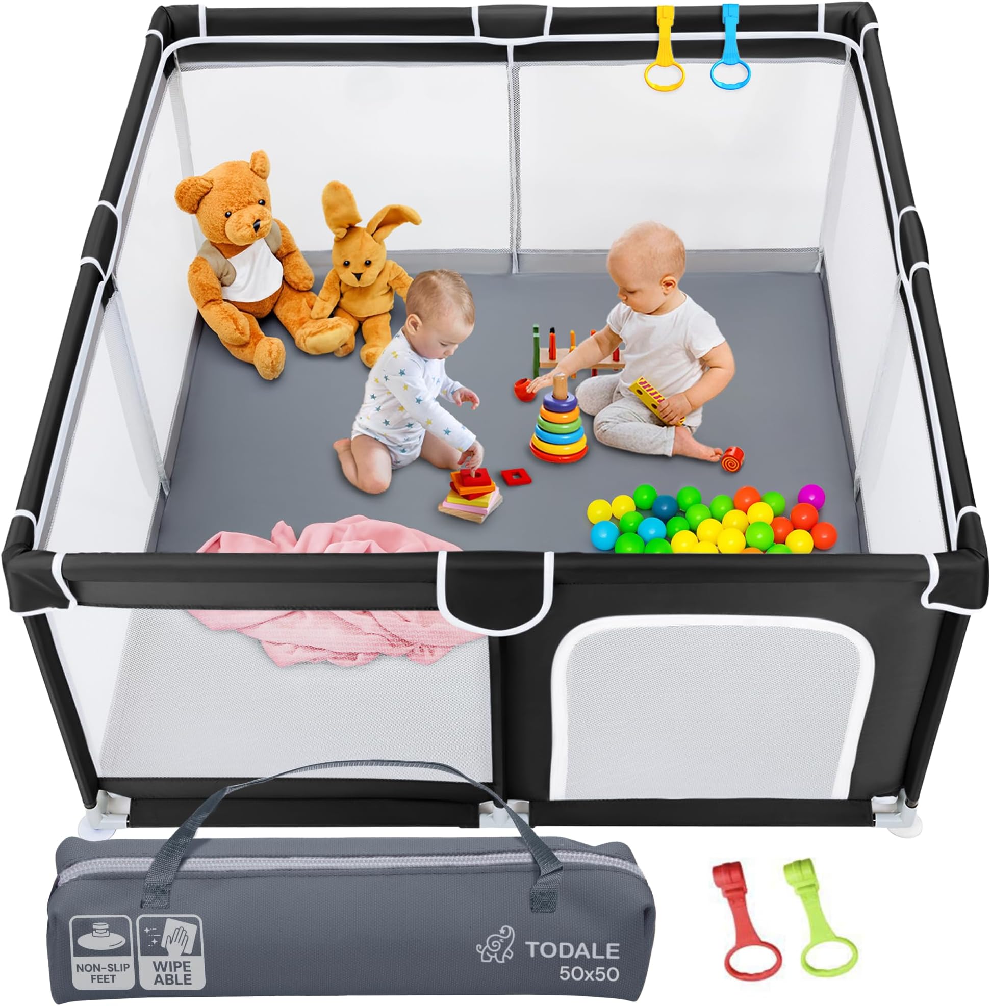 Todale Baby Play Pen - 50 x 50 x 27 in, Black - Portable Foldable Play Pen for Babies & Toddlers with Anti-Slip Base & Breathable Mesh Panels