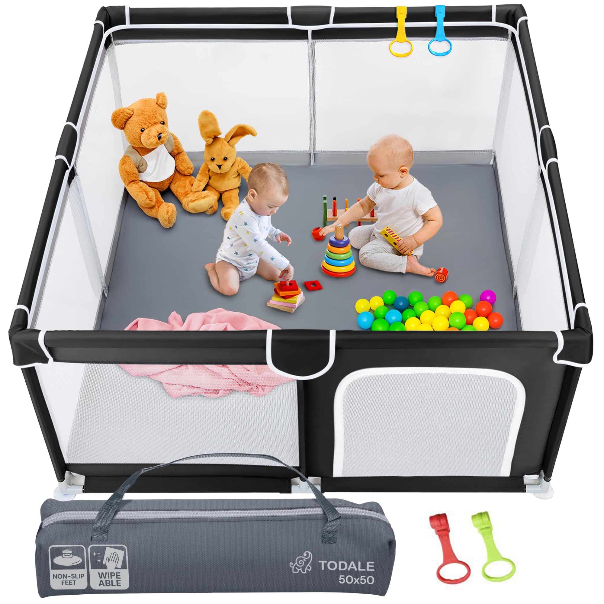 Todale Baby Play Pen - 50 x 50 x 27 in, Black - Portable Foldable Play Pen for Babies & Toddlers with Anti-Slip Base & Breathable Mesh Panels