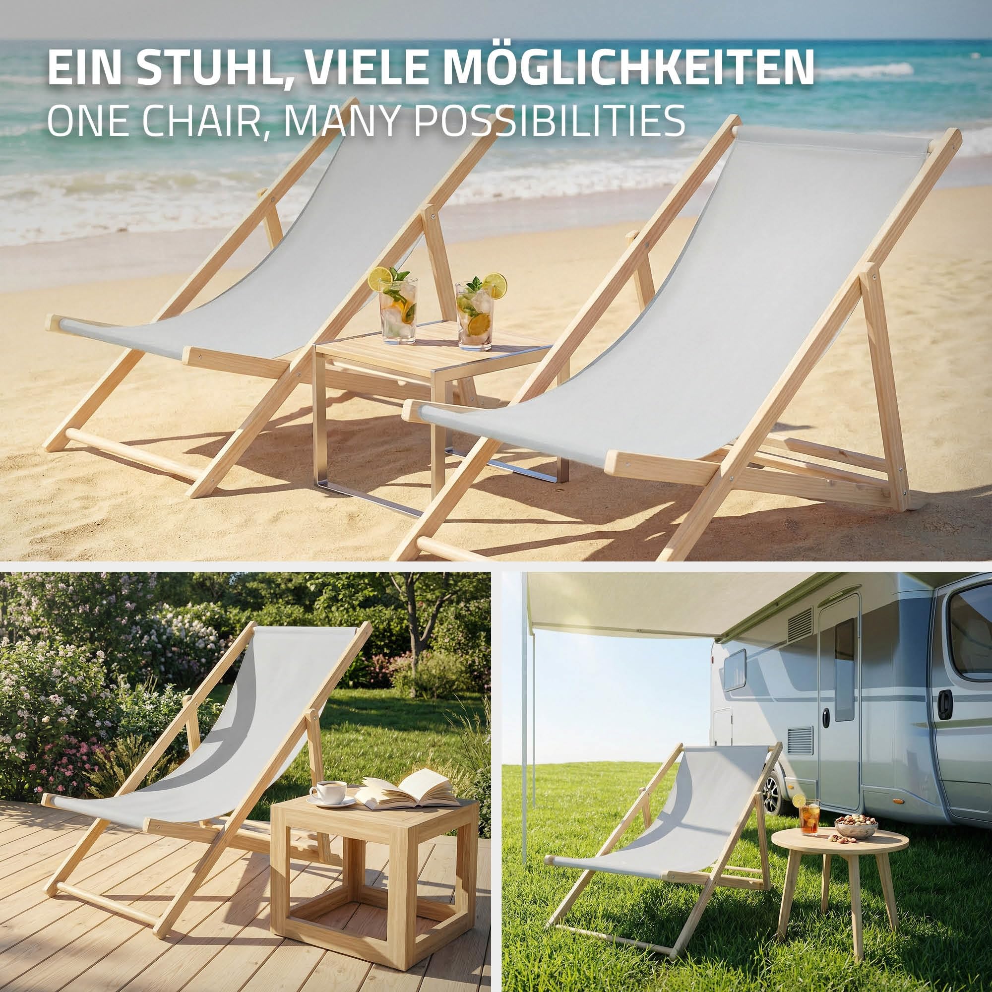 ECD Germany 10x Sedie a Sdraio Pieghevole in Legno con Tessuto Traspirante Grigio Chiaro Schienale Reclinabile in 3 Posizioni, Lettino Relax con Portata 120 kg per Spiaggia, Giardino e Terrazza