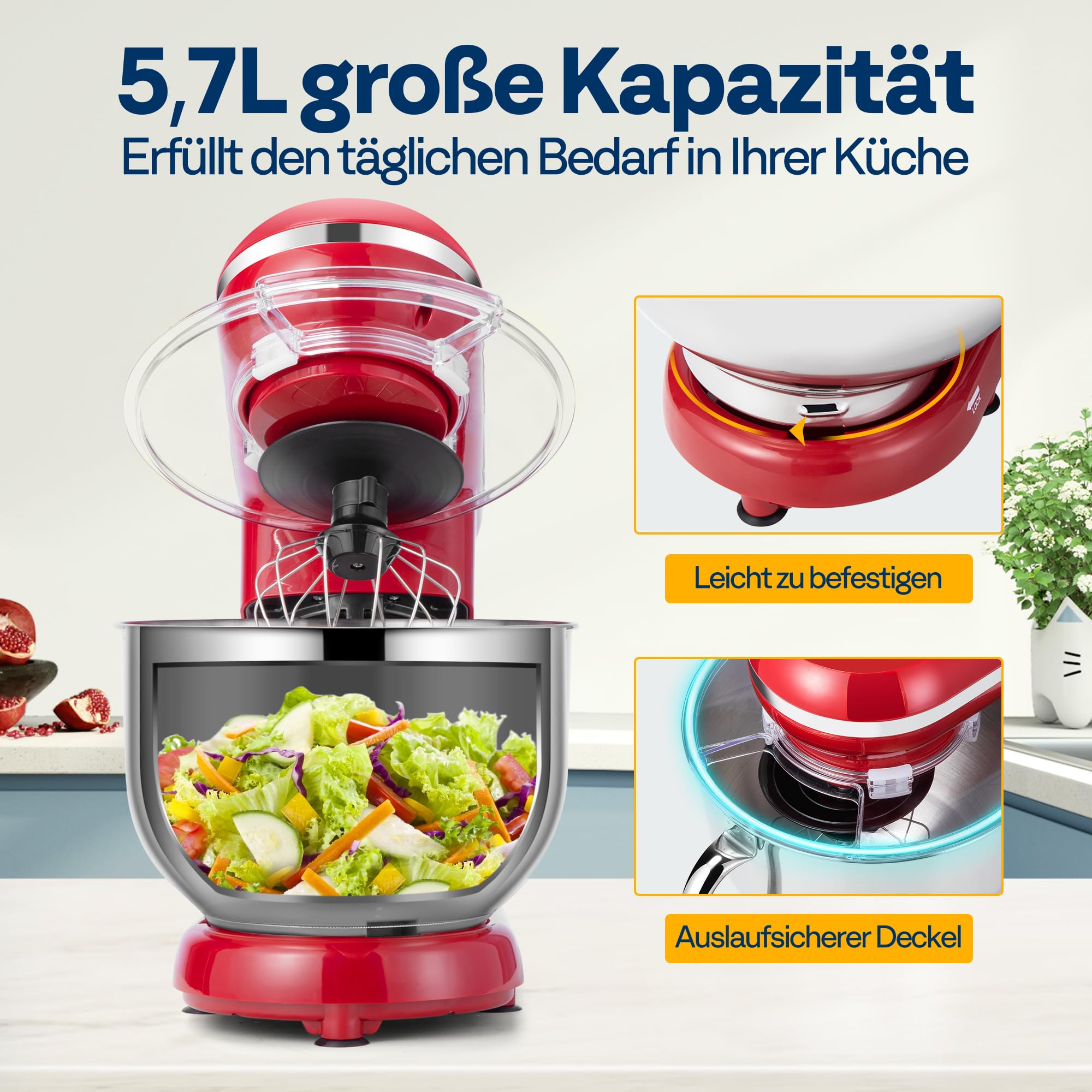 VIVOHOME 1500W Küchenmaschine,5,7L mit Edelstahlrührschüssel | 10 Stufen und Pulsfunktion Teigmaschine mit Spritzschutz Knethaken und Rührbesen für Brot und Kuchenteig,Rot