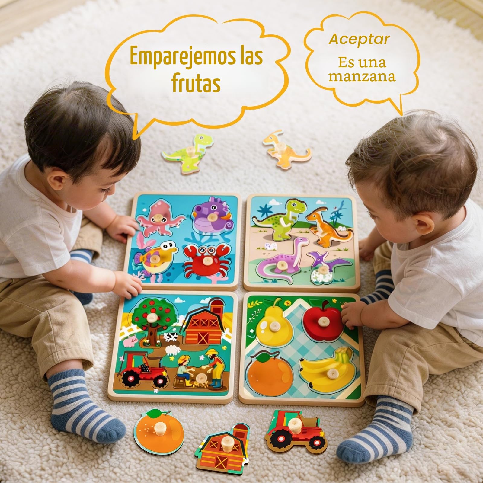 Puzzle Madera 1 2 Año, 4Pcs Puzzles Infantiles de Madera con Mango, Juguetes Montessori Bebe Puzzles Animal Frutas Educativos Rompecabezas Juguetes Regalo Navidad para Niños de 2 3 Años