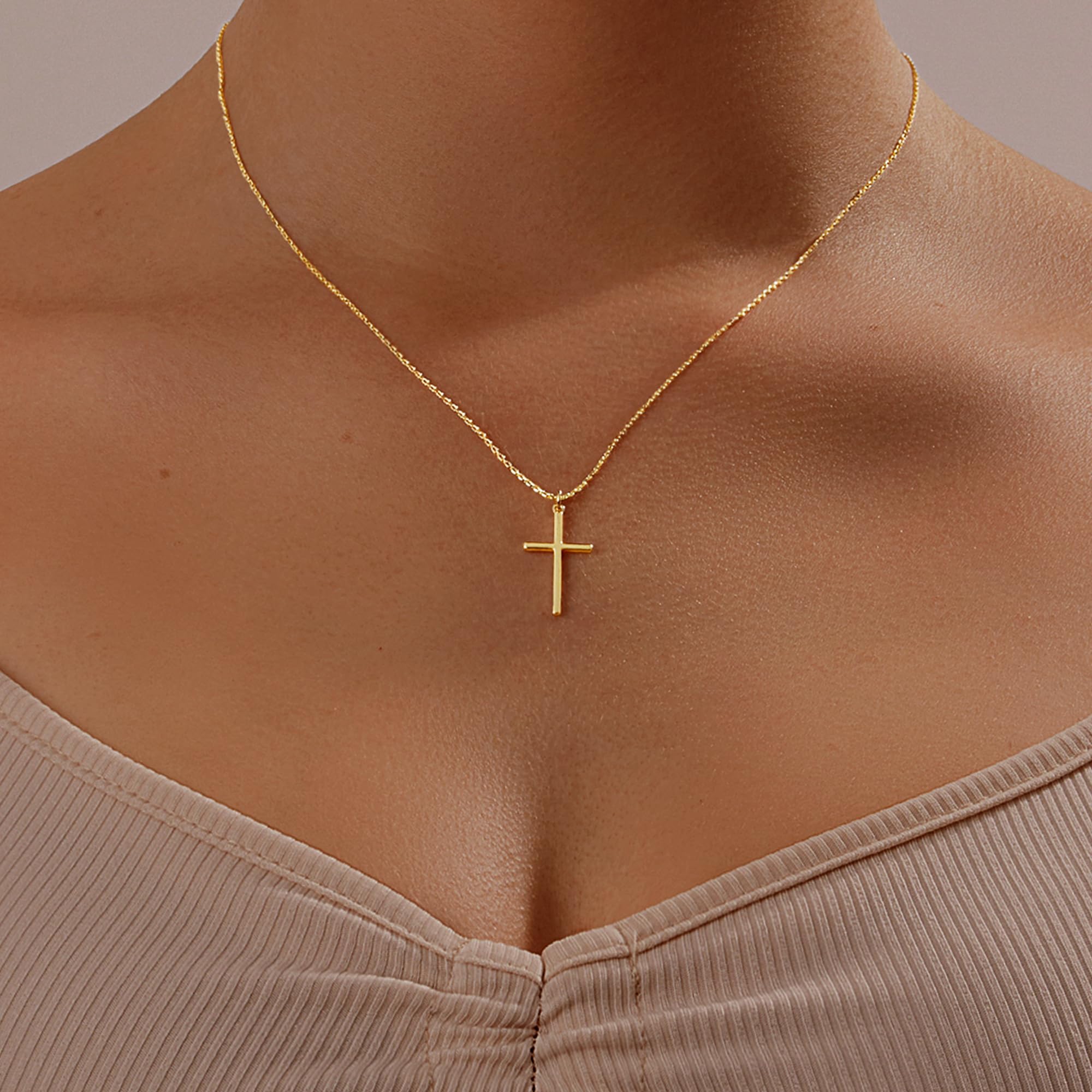 Collar de cruz chapado en oro de 14 quilates, plata de ley para mujer, delicado, pequeño, simple, pequeño, clásico, doble circonita, juego de perlas, collar con colgante de cruz, regalo de 9