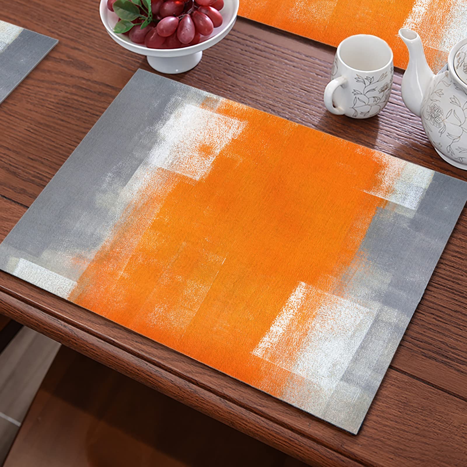 Place Mats Orange Grey Print Table Mats Set of 8 Place flax Placemats Heat Resistant Table Mats Heat Proof Placemat Stain-resistant Non-slip Washable Dinner Mats Round Tables Kitchen