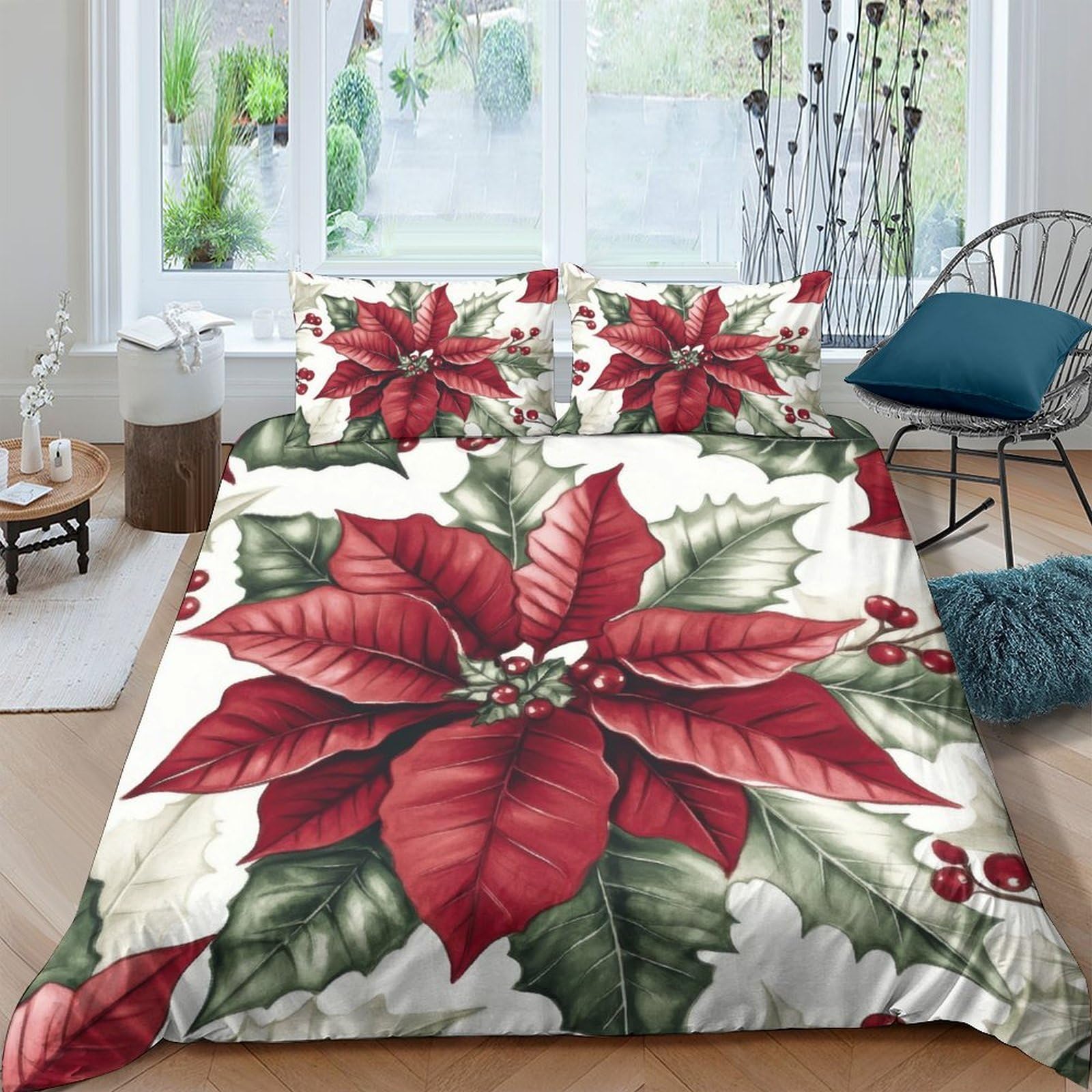 Ctjqhvkz Style-8 3D Printed Red Poinsettia Fitted Sheet Microfiber Soft Christmas Floral Mattress Cover For Bedroom Guest Room Decor Single（135X200cm）