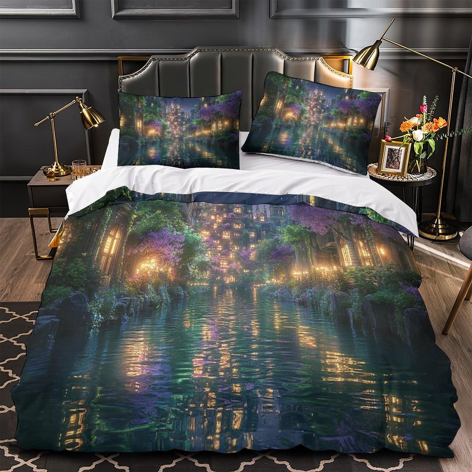 Housse de couette paysage urbain fantastique anti-plis pour lit adulte