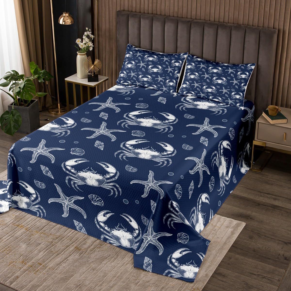 Coastal Kids Boys Quilt Bedding Set King,Ocean Theme Navy Blue Coverlet Bedspread,Starfish Crab Conch Lightweight Bedding Bed Cover,Nautical Sea Animals Bedspread Set (1 Quilt+ 2 Shams)