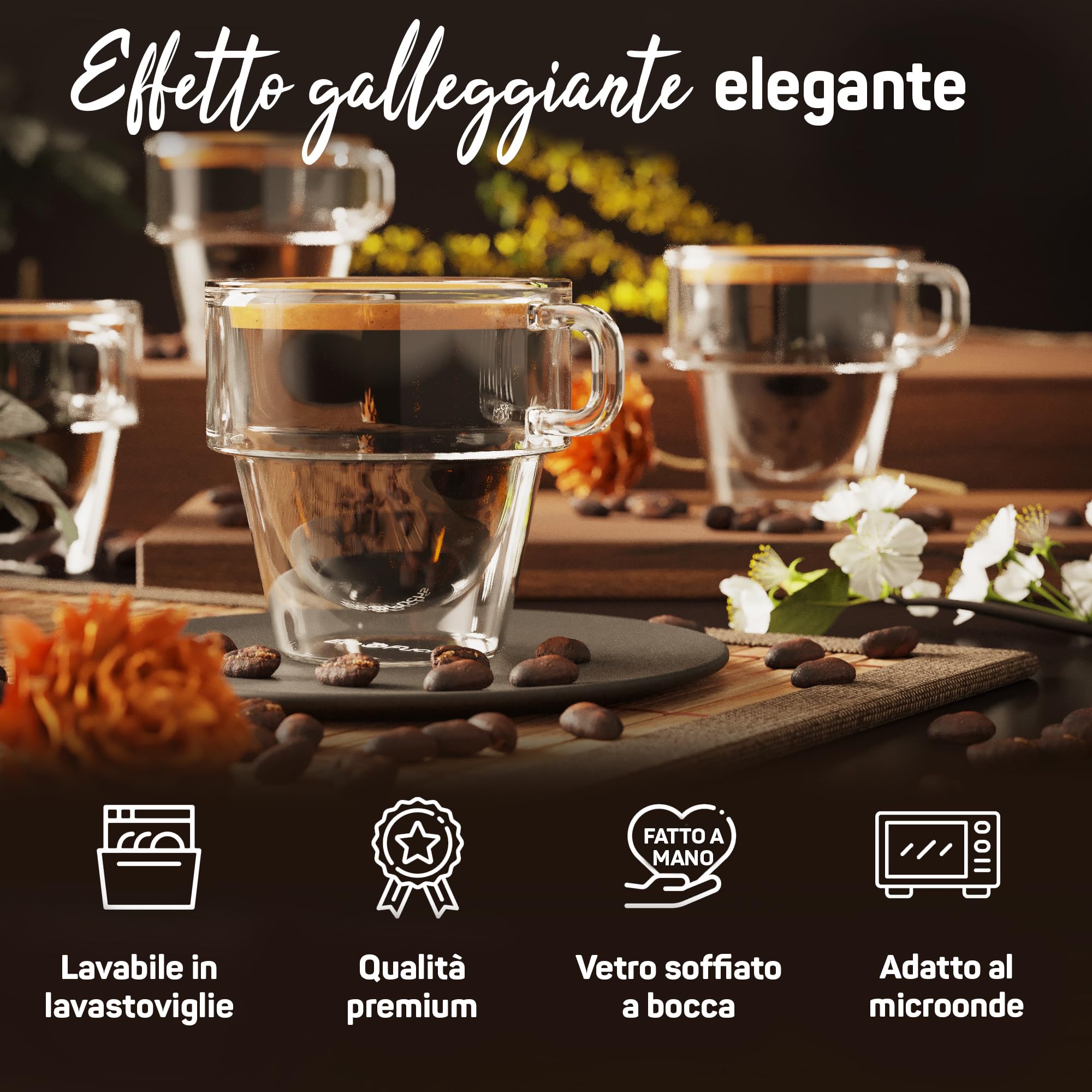 ElbFuchs® Set di tazze da espresso [4 x 150 ml] impilabili | Bicchieri da caffè espresso a doppia parete con manico | Bicchieri termici a doppia parete | ideali come bicchieri da caffè espresso