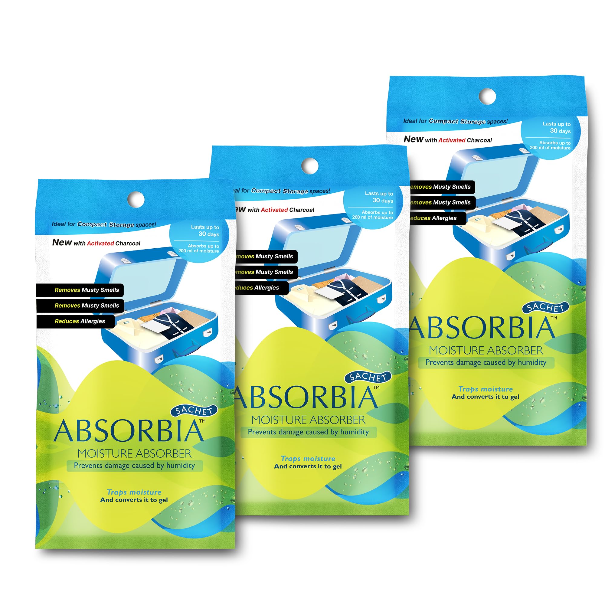 Absorbia Moisture Absorber | Absorbia Sachet with activated Charcoal - Pack of 3 (200ml Each)
