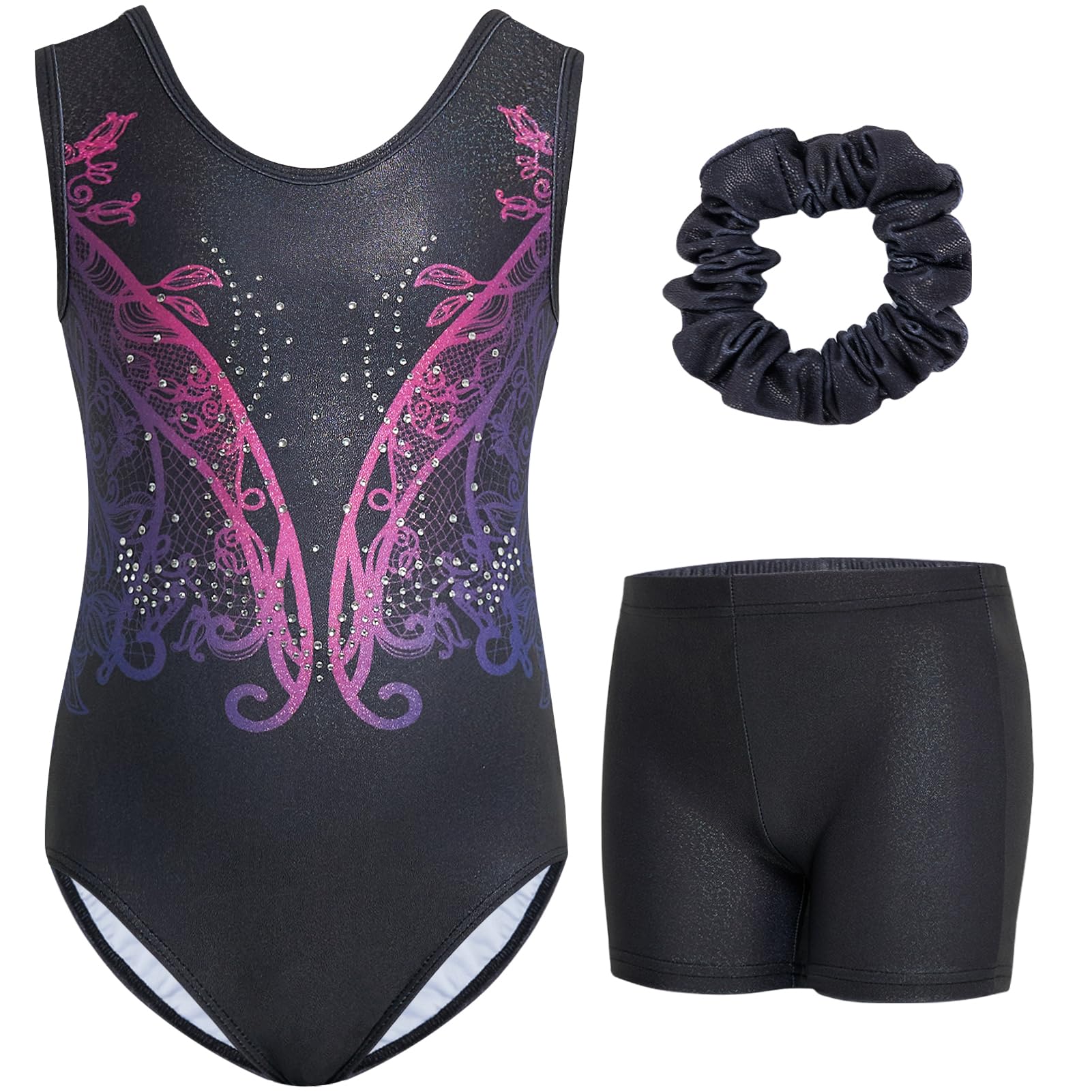 Gogokids Ärmelloses Gymnastiktrikot-Set für Mädchen, dreiteilig mit Shorts und Haargummi, Kinder Gymnastik Outfits mit Aushöhlen & überkreuztem Design, Glitzer Ballett-Einteiler für Alter 3-12