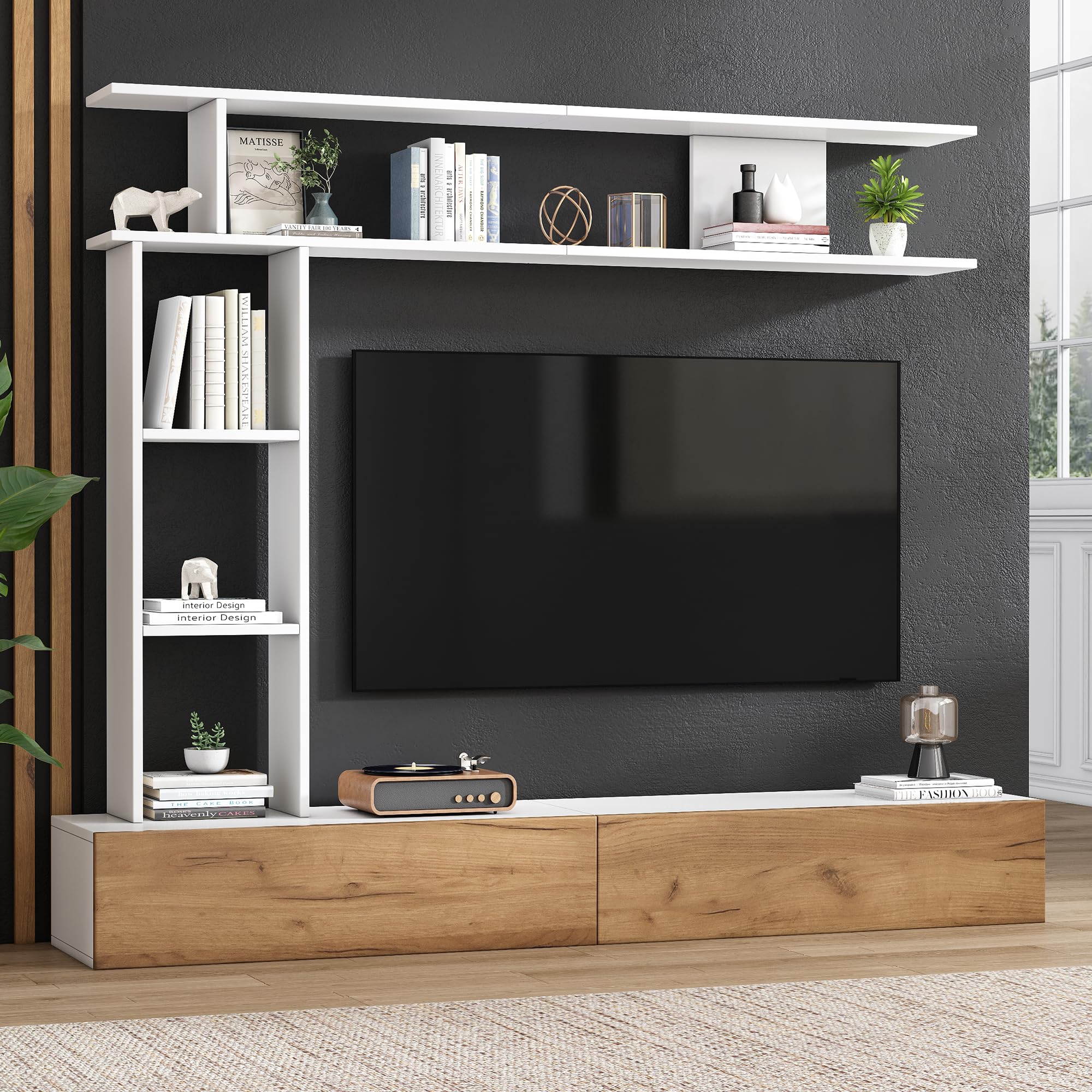 Set da parete per TV, 180 x 35 x 22,5 cm, con vetrina, supporto e mensola, TV fino a 80", bianco + legno