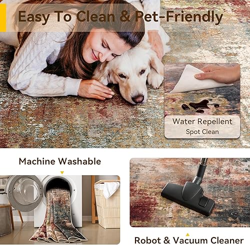 Miniatura 5 de Tapetes lavables de 5 x 7 pies, antideslizantes, modernos, abstractos, suaves, para sala de estar, entrada, dormitorio, color marrón y rojo óxido