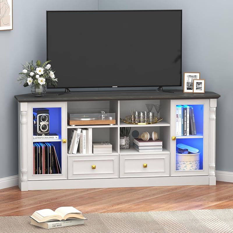 Corner TV Stand for 55 60 65 Inch TVs,Entertainment Center,White | Classic Column Design With 2 Display Cabinets,2 Drawers,Power Outlet & Led Light, Media Furniture For Living Room,Bedroom