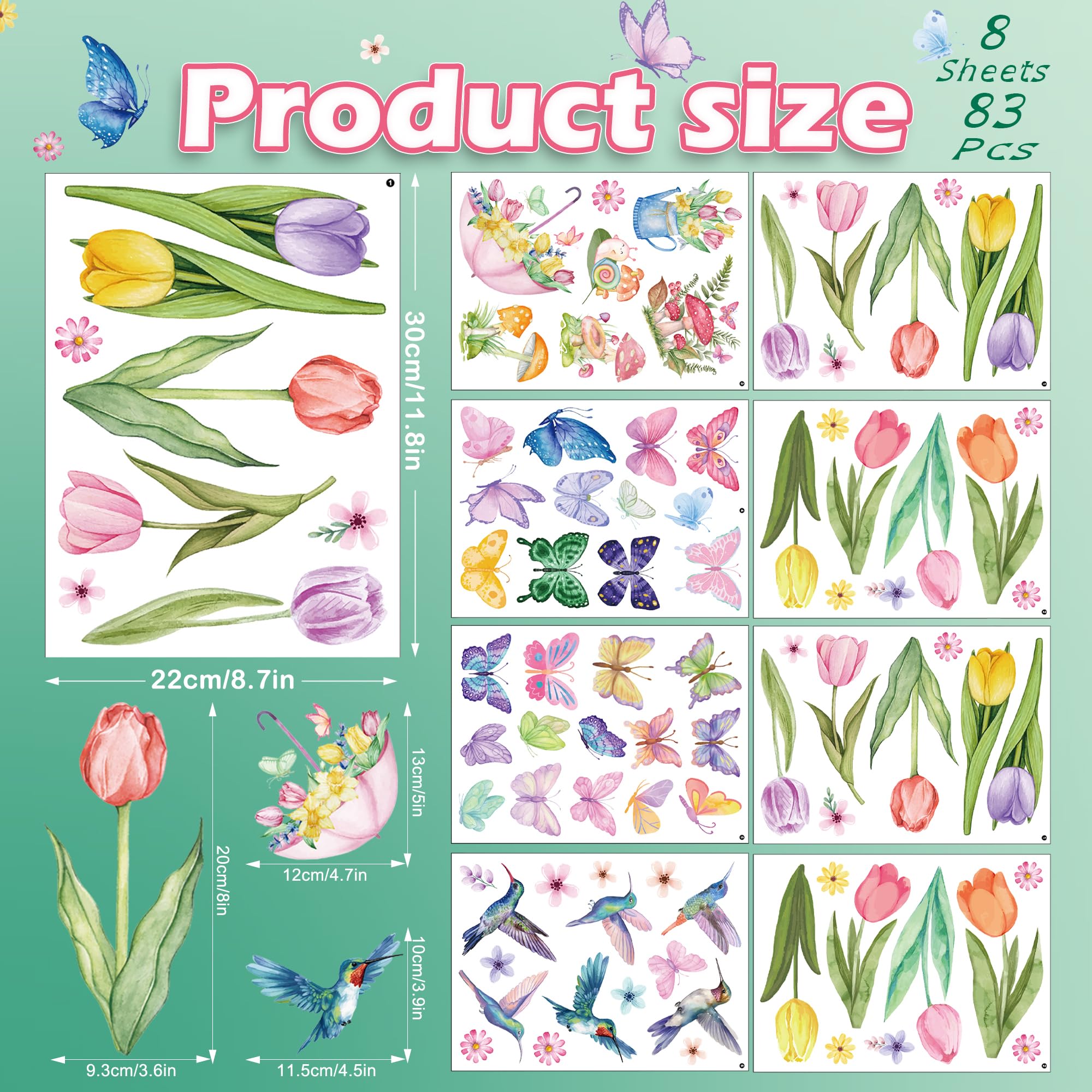 9 Hoja de Pegatinas de Ventana de Primavera, Tulipane Mariposa 9 Hoja de Pegatinas de Ventana de Primavera, Tulipane Mariposa