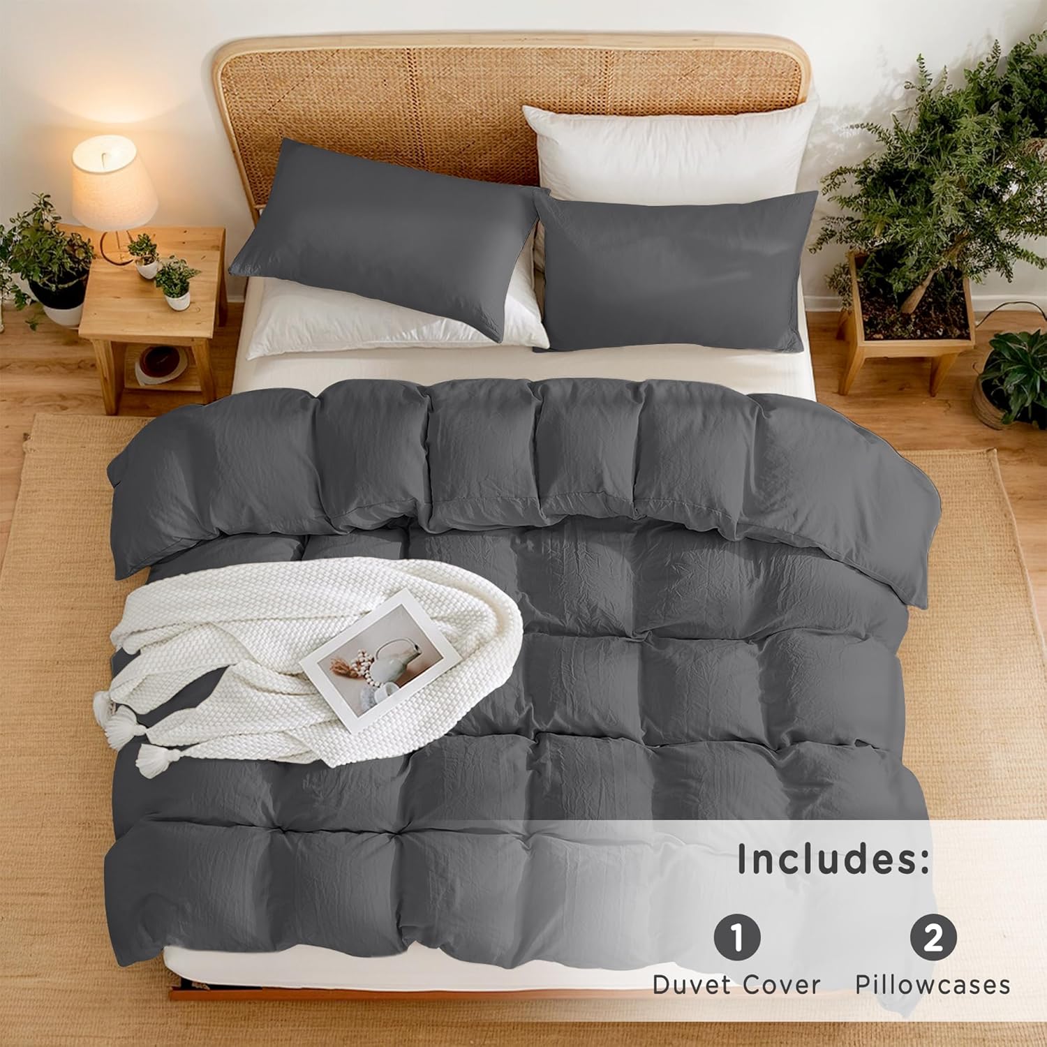 TOCOMOA Duvet Cover King Size, 3 Pieces 100% Washed Microfiber Dark Grey Comforter Cover, Super Soft and Breathable Duvet Cover 104 x 90 Inches with Zipper Closure