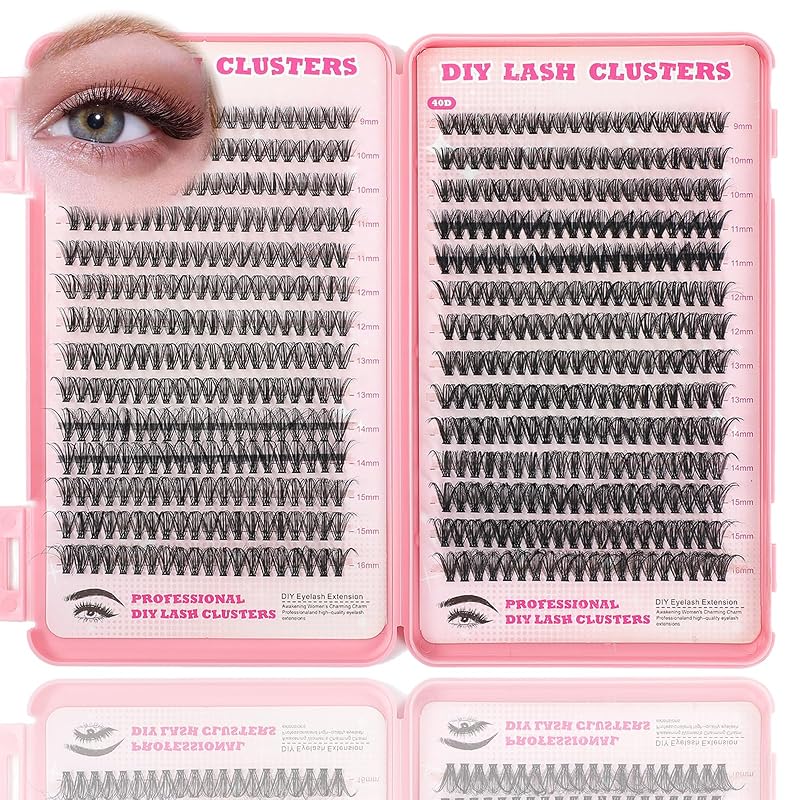 Cílios postiços em tufos D Curl com efeito natural, comprimentos de 9 a 16 mm, Pacote com acessórios