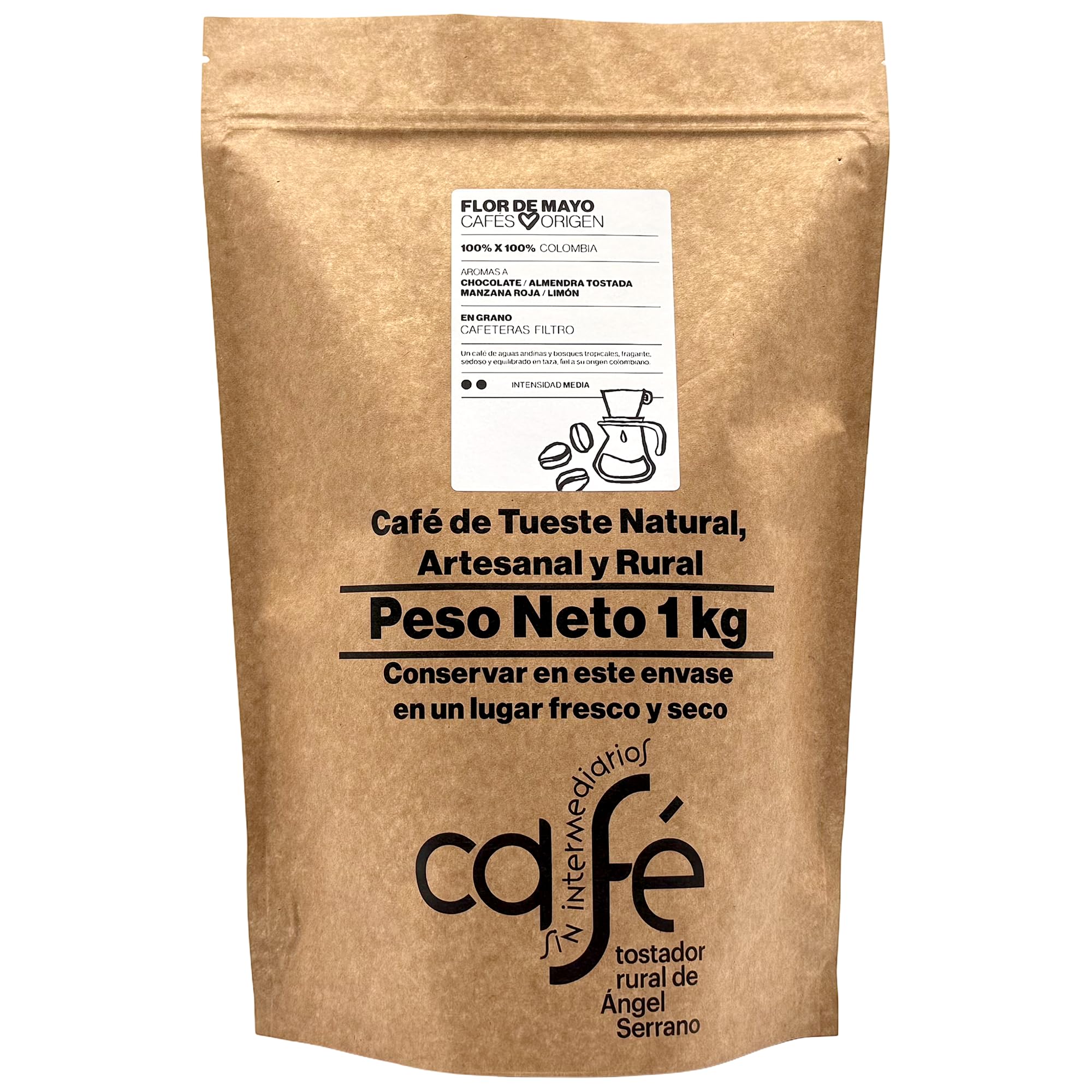 CAFÉ SIN INTERMEDIARIOS - 100% Colombia - Flor de Mayo - Ideal para tomar solo - Intensidad de sabor Media - Recién tostado y envasado - 1 kg MOLIDO para cafeteras Exprés
