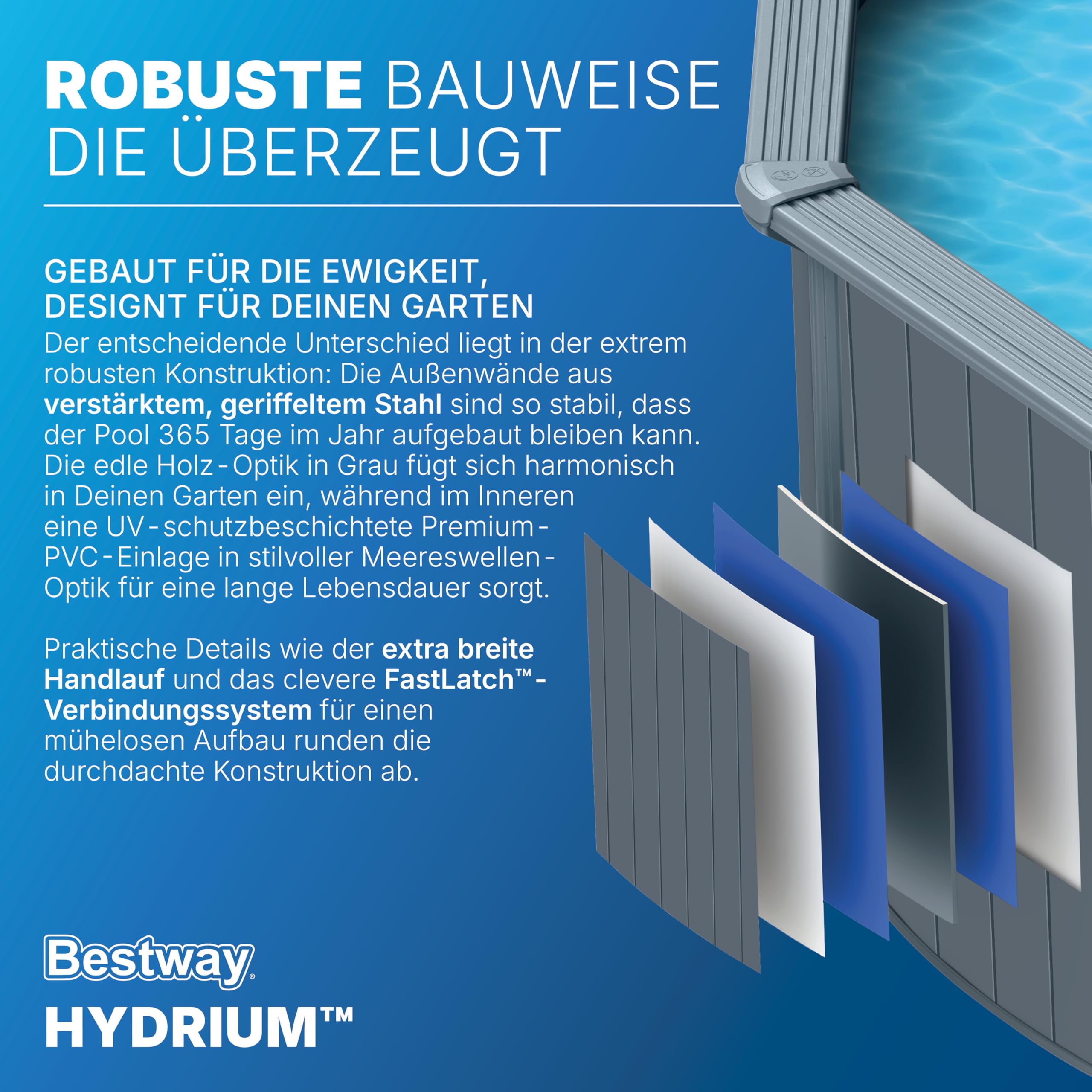 Bestway Hydrium Stahlwandpool Komplett-Set rund 732 x 132 cm Holz-Optik Grau XXL Gartenpool mit Sandfilteranlage