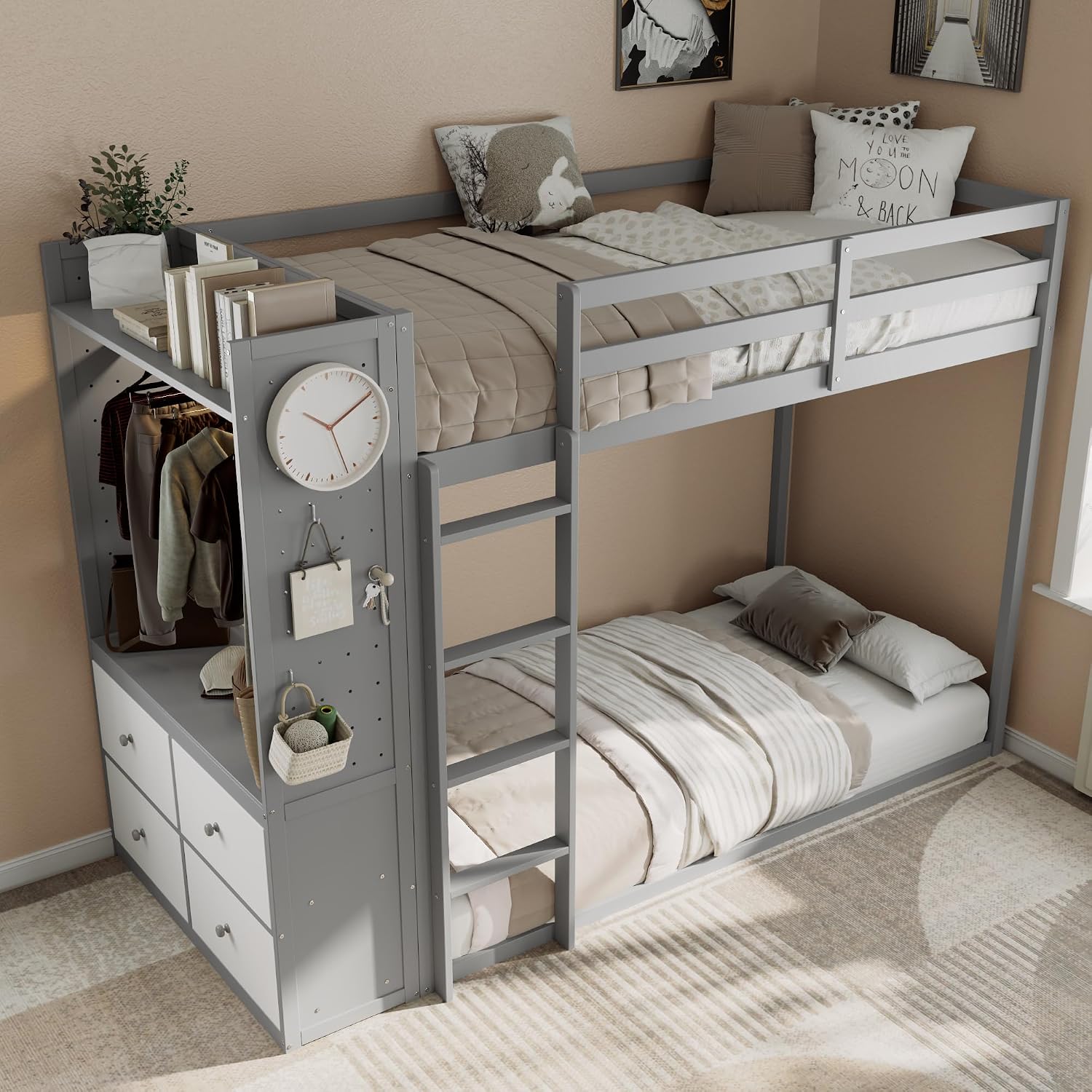 SOFTSEA Bunk Bed with open storage drawers and pegboards
