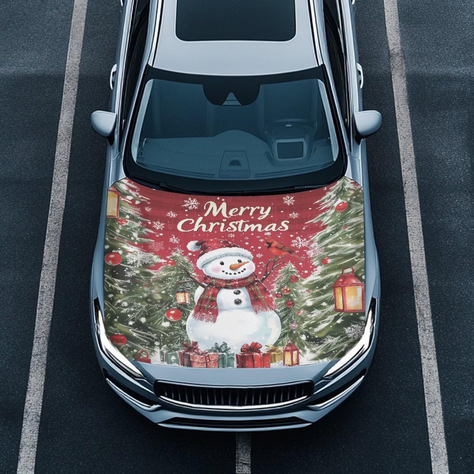 Renewold Merry Christmas Snowman Bird Car Hood Cover Hood Covers for Cars Xmas Winter Decorative Wrap Blanket Women Men Automotive Exterior Accessories for Most Sedan Small SUV Truck