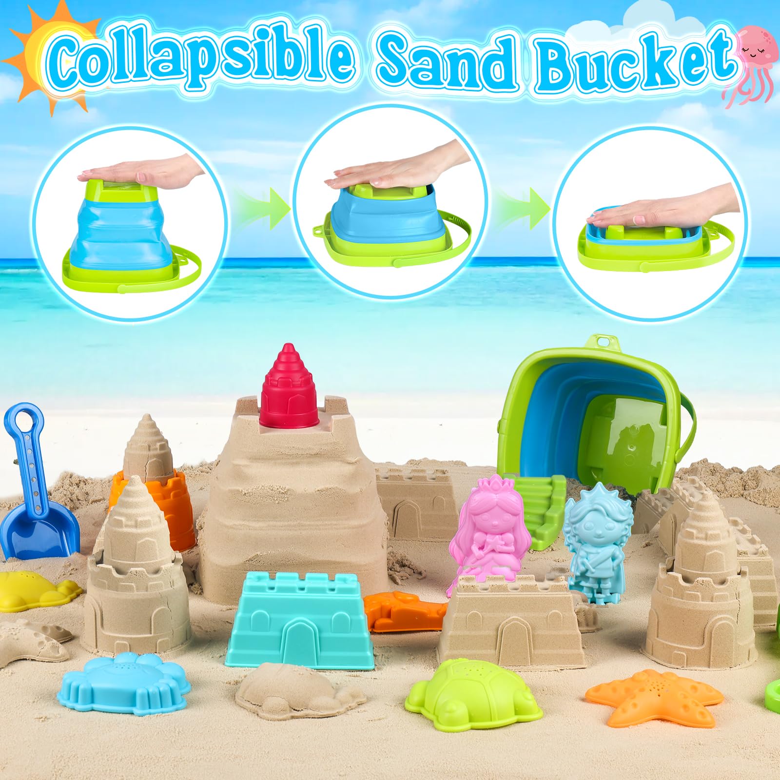 Juguetes de playa plegables para niños pequeños, cubeta de arena plegable y palas con bolsa de malla y kit de construcción de castillo de arena, juguetes de arena de viaje para artículos esenciales de