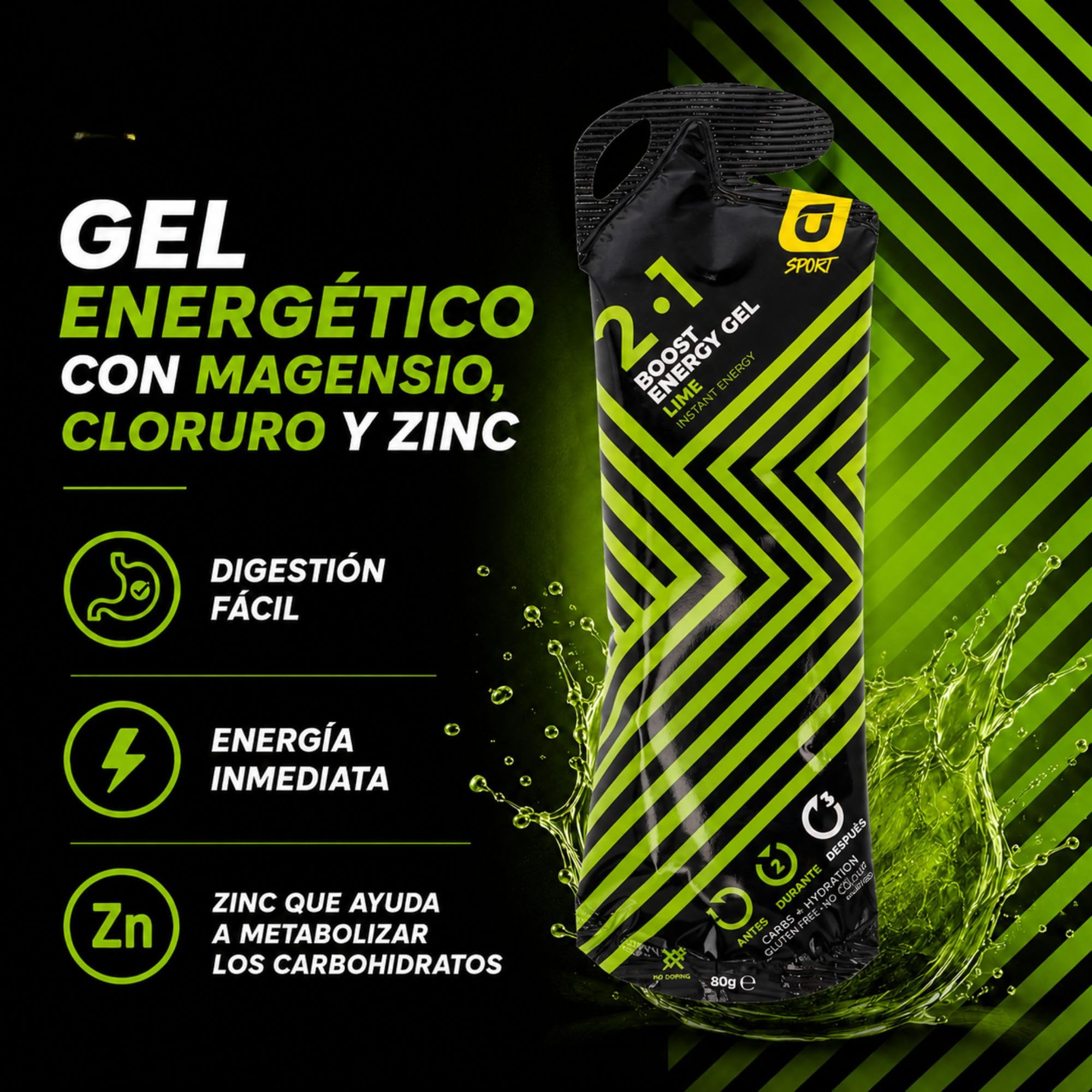PACK 6 Gel Energético con Magnesio + Glucosa + Electrolitos y Zinc para Deportistas Ciclismo Running y Calambres Musculares - Sabor Limón Sin Gluten - Sobres Apto Veganos | RECUPERATION