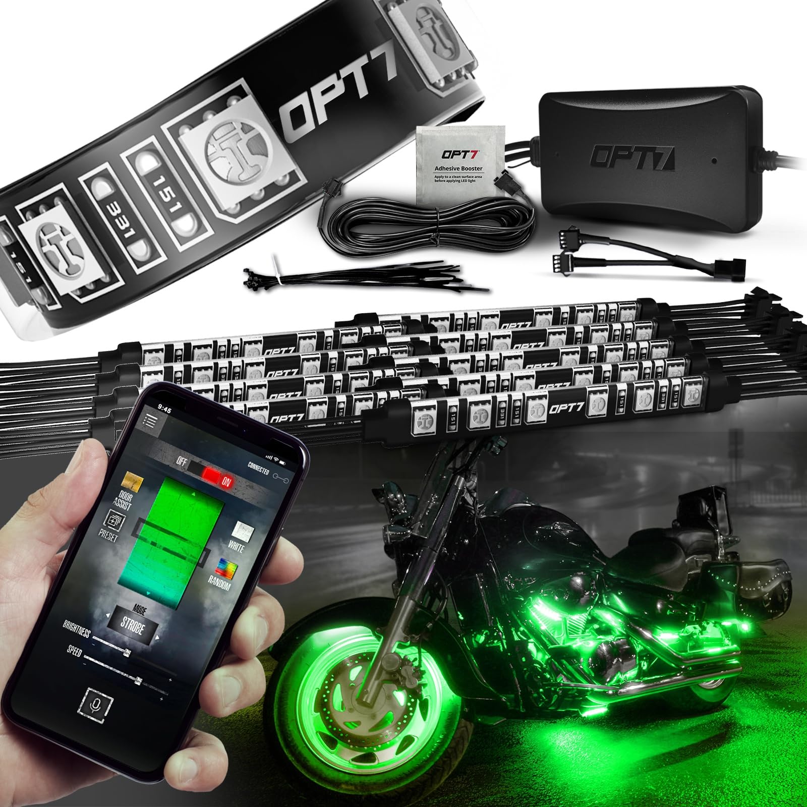 OPT7 Aura Pro Motorcycle LED Light Kit Smart Brake, RGB Multi-Color Bike Underglow Neon Light Bluetooth APP, Motorcycle Under Glow Strips Switch for Cruisers, 10pc, IP67 Waterproof 12V, iOS Android